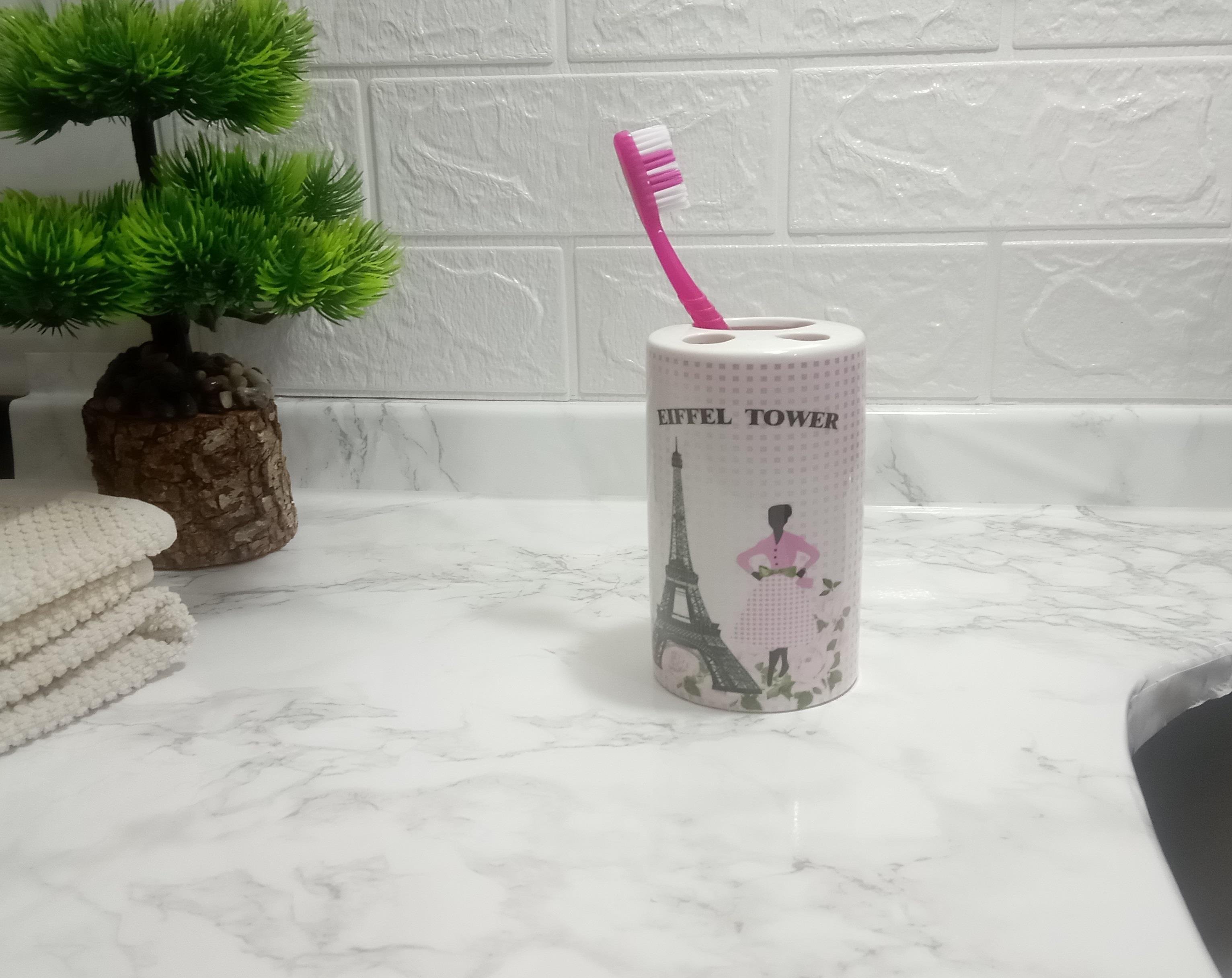 2 Adet Seramik Diş Fırçalık Eyfel Kulesi Model 7X7X11Cm Banyo Seti  