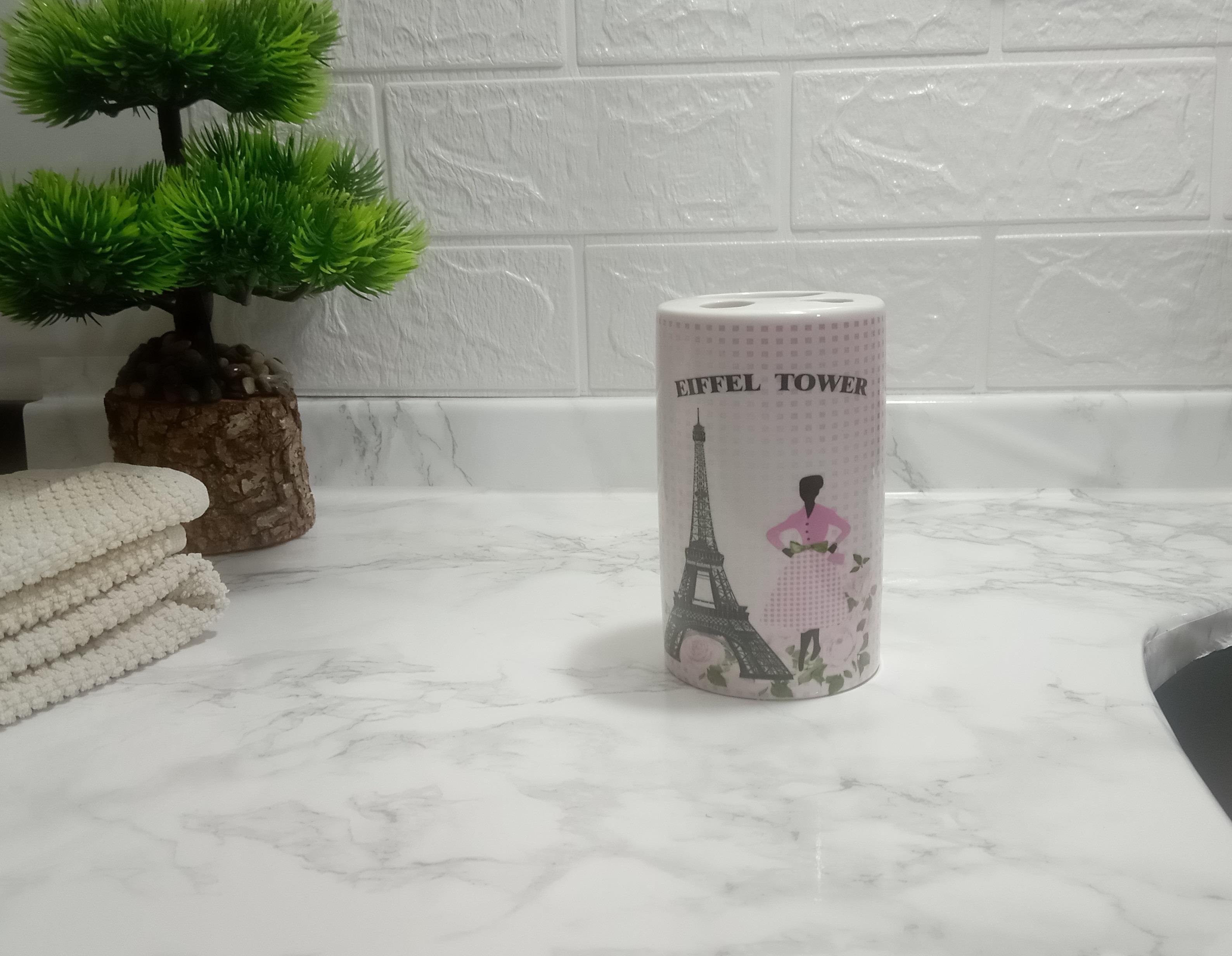 2 Adet Seramik Diş Fırçalık Eyfel Kulesi Model 7X7X11Cm Banyo Seti  