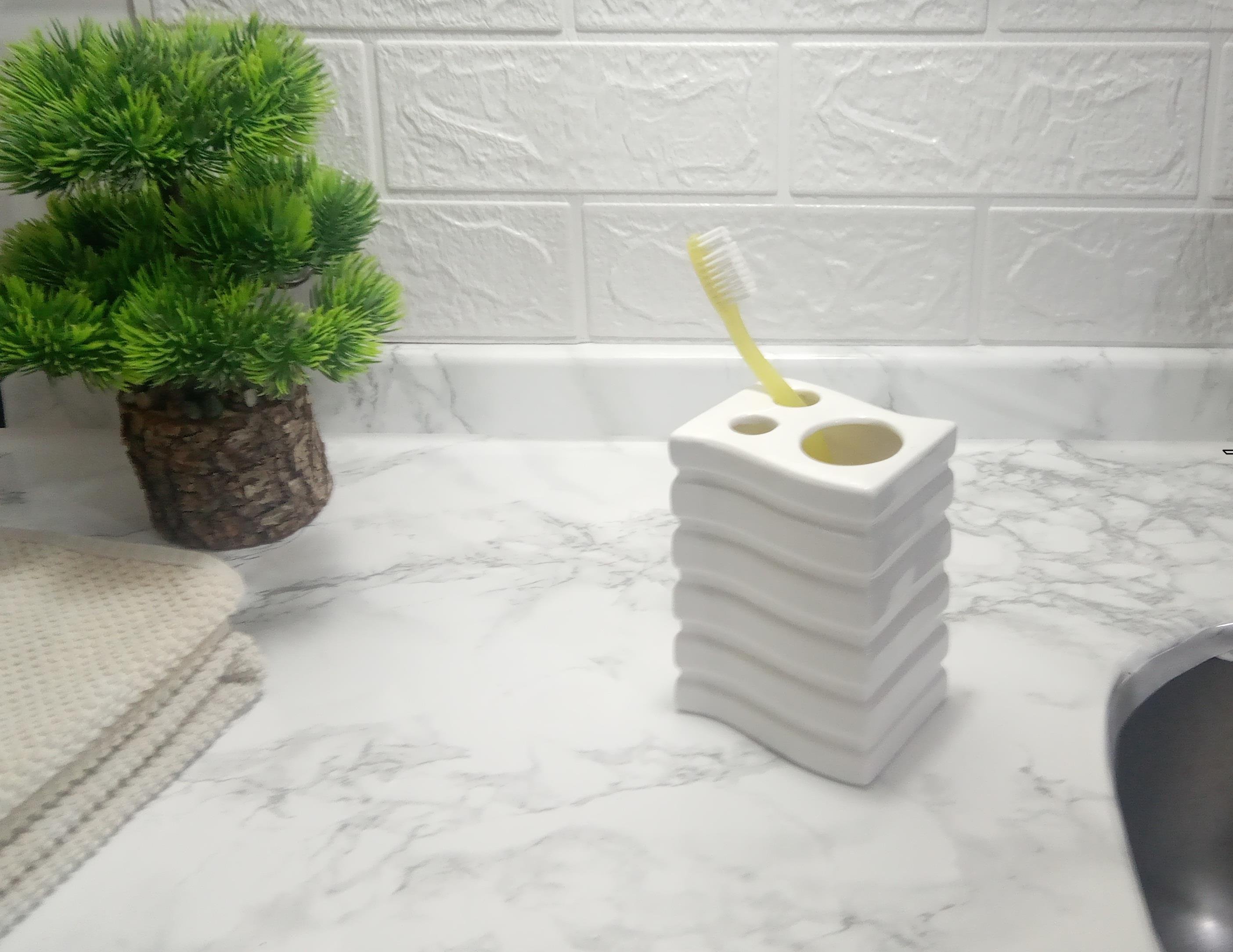 2 Adet Seramik Diş Fırçalık Kare Çizgili Model 8X6X11Cm Banyo Seti  