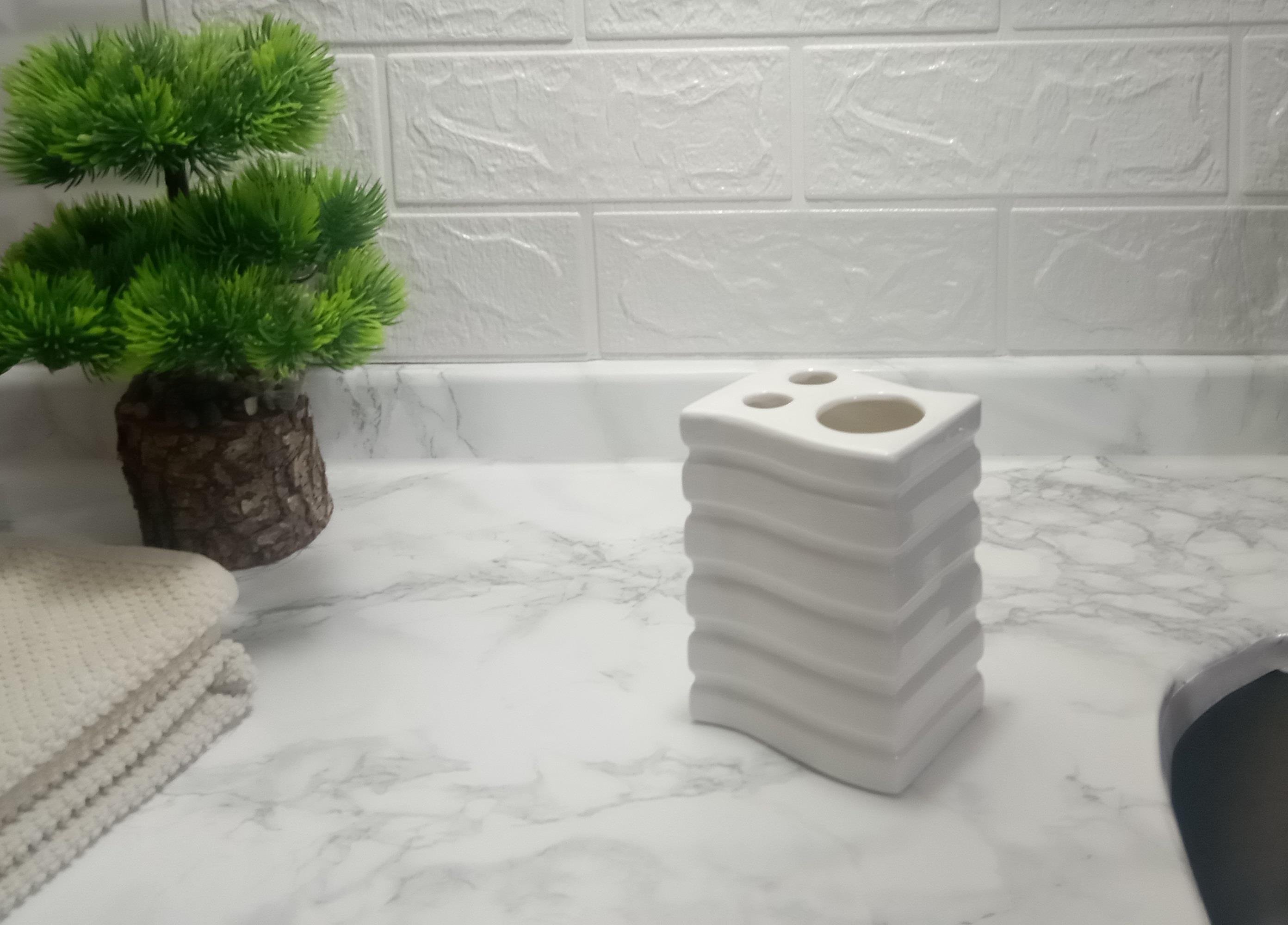 2 Adet Seramik Diş Fırçalık Kare Çizgili Model 8X6X11Cm Banyo Seti  