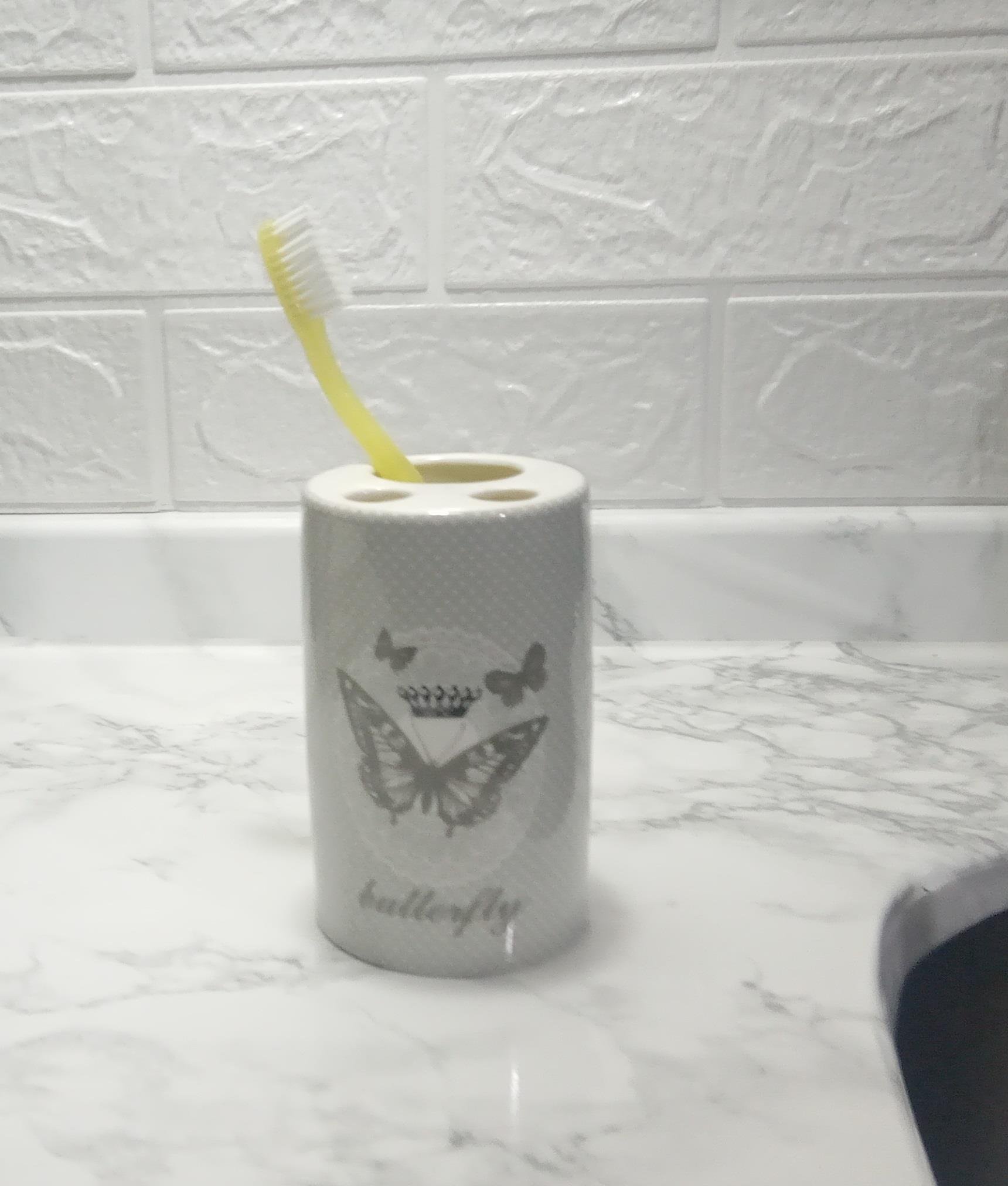 2 Adet Seramik Diş Fırçalık Kelebek Desenli 7X7X11Cm Banyo Seti  