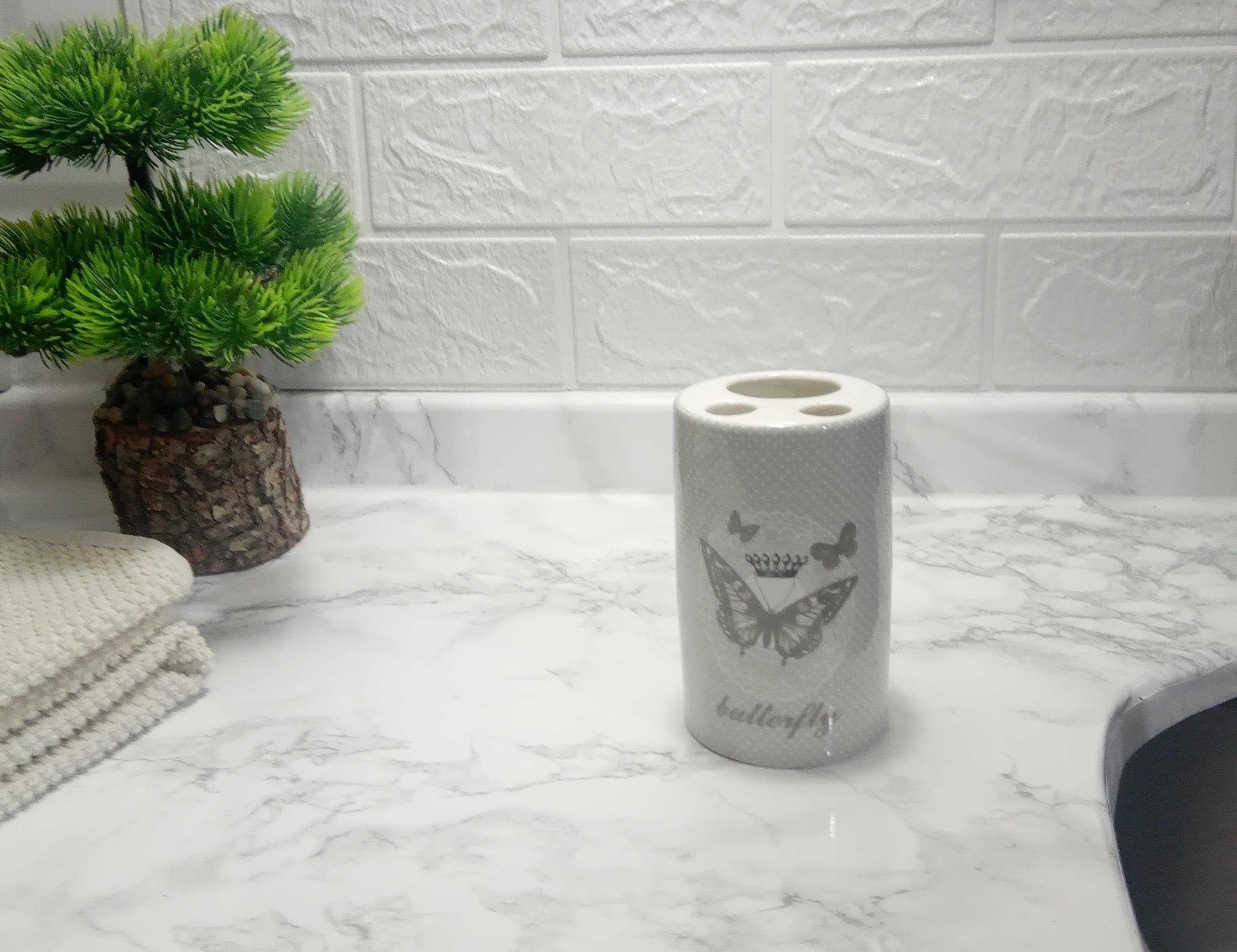 2 Adet Seramik Diş Fırçalık Kelebek Desenli 7X7X11Cm Banyo Seti  