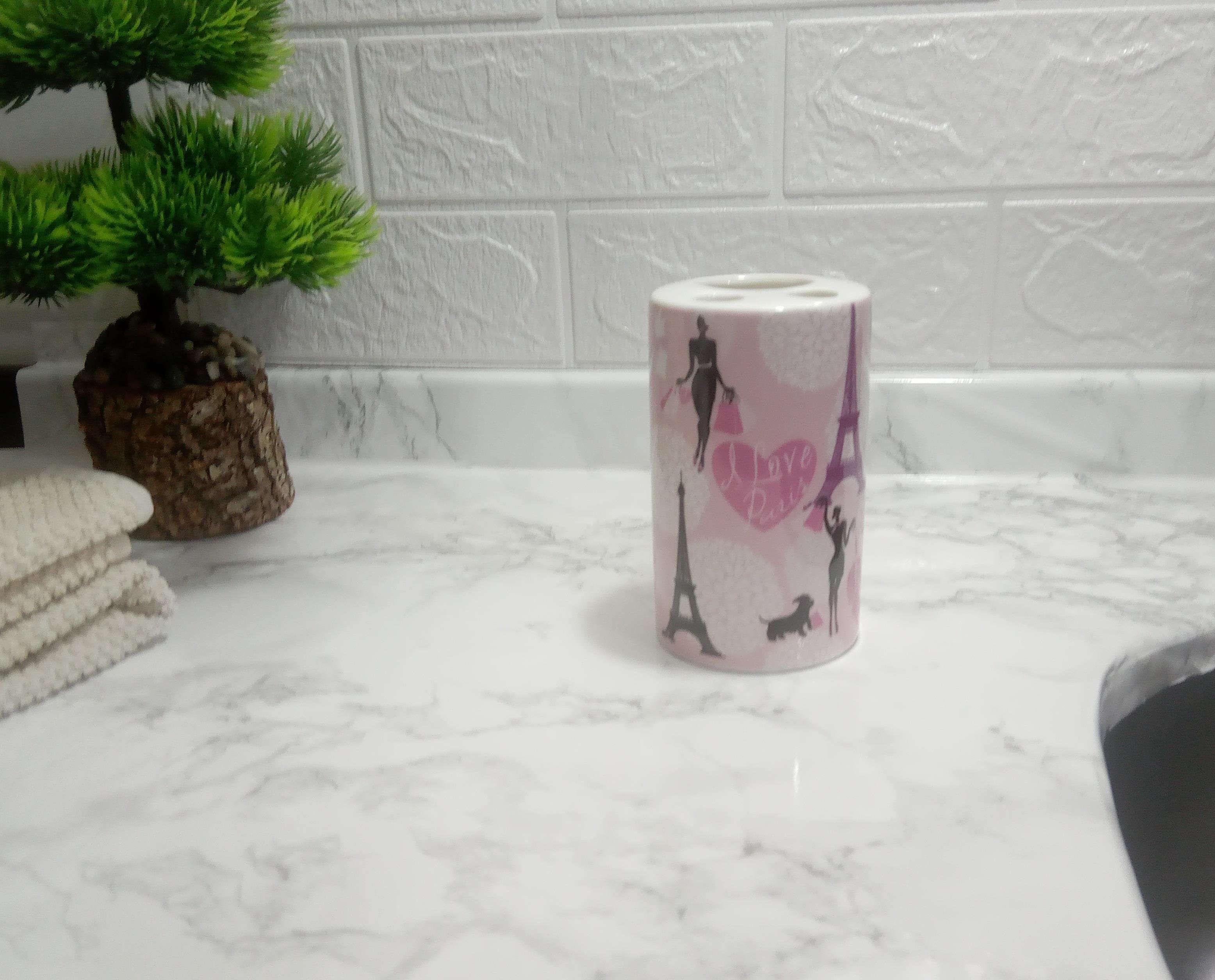 2 Adet Seramik Diş Fırçalık Kızlı Paris Desenli 7X7X11Cm Banyo Seti  