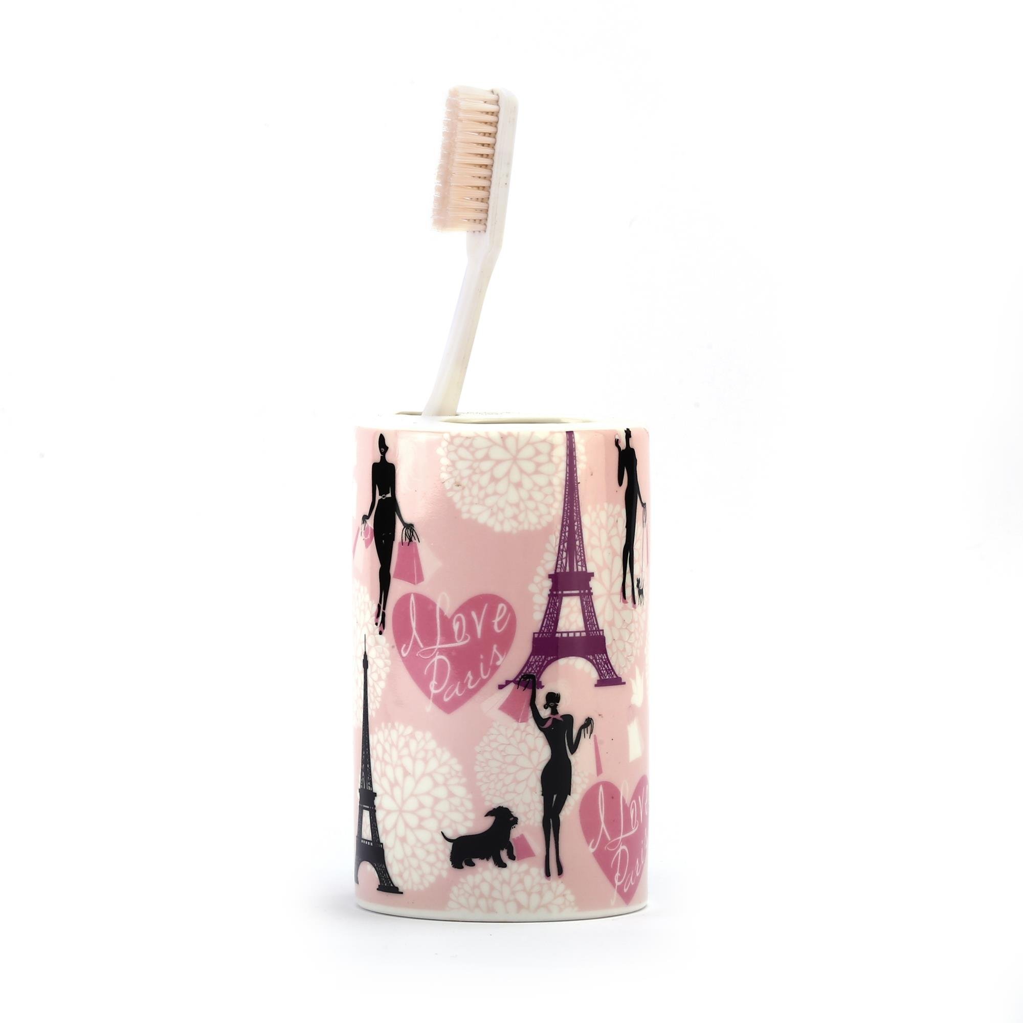 2 Adet Seramik Diş Fırçalık Kızlı Paris Desenli 7X7X11Cm Banyo Seti  