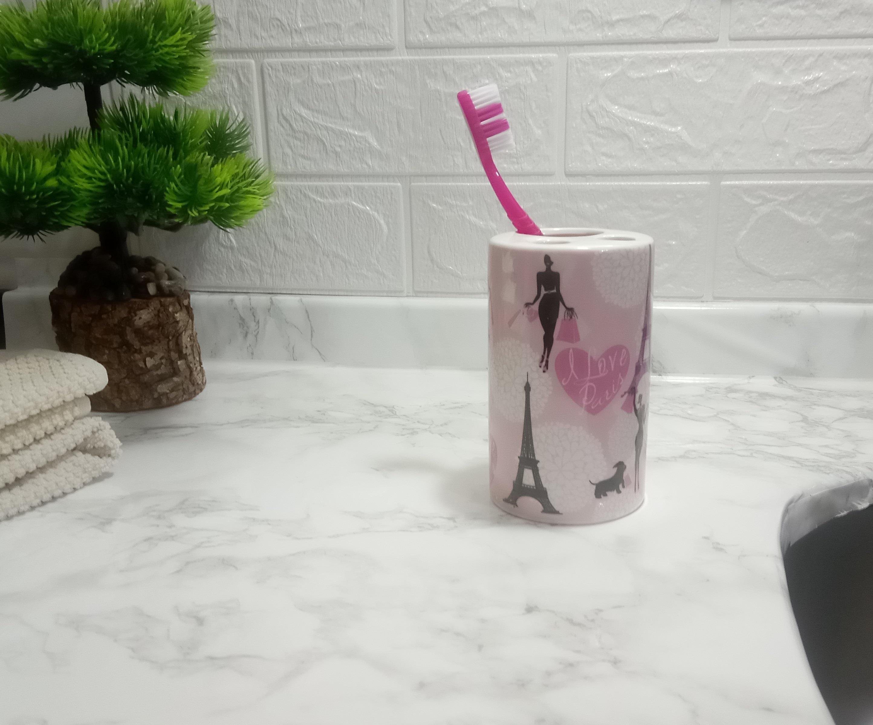 2 Adet Seramik Diş Fırçalık Kızlı Paris Desenli 7X7X11Cm Banyo Seti  