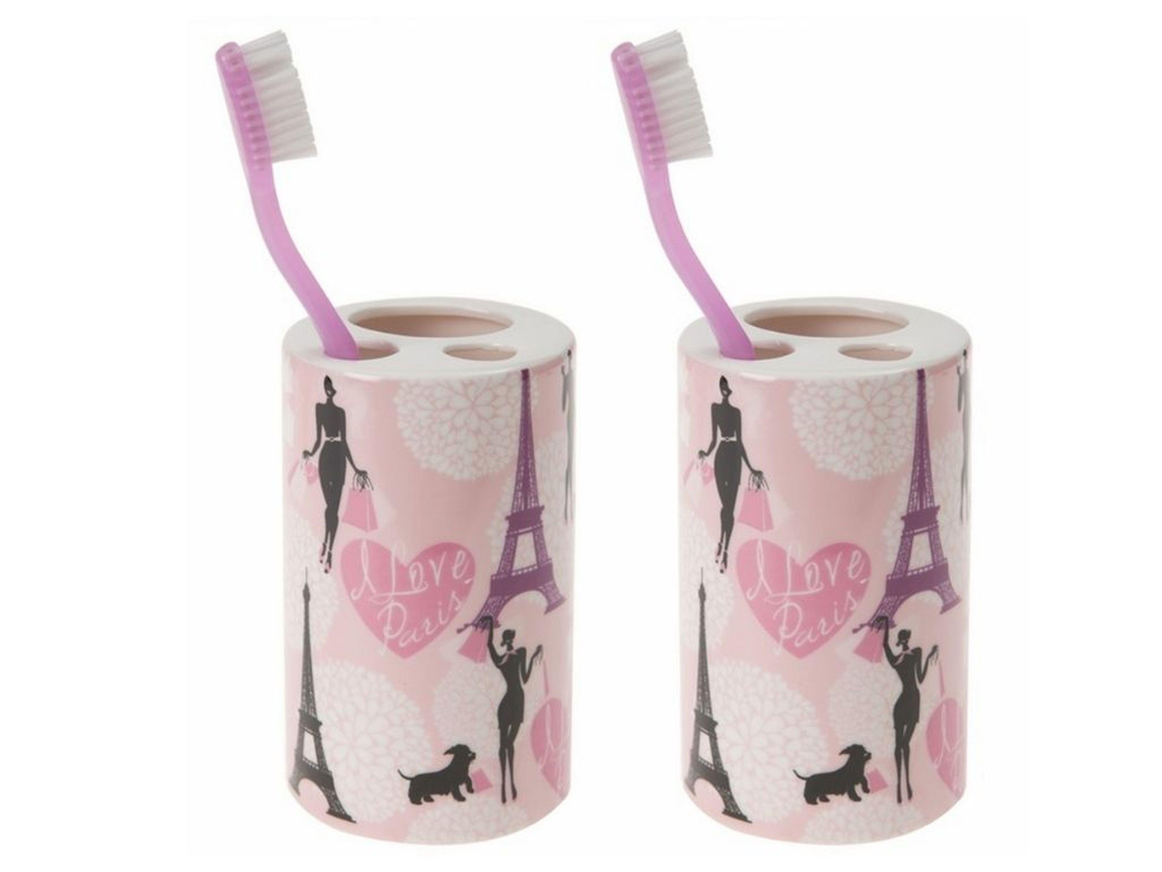 2 Adet Seramik Diş Fırçalık Kızlı Paris Desenli 7X7X11Cm Banyo Seti  