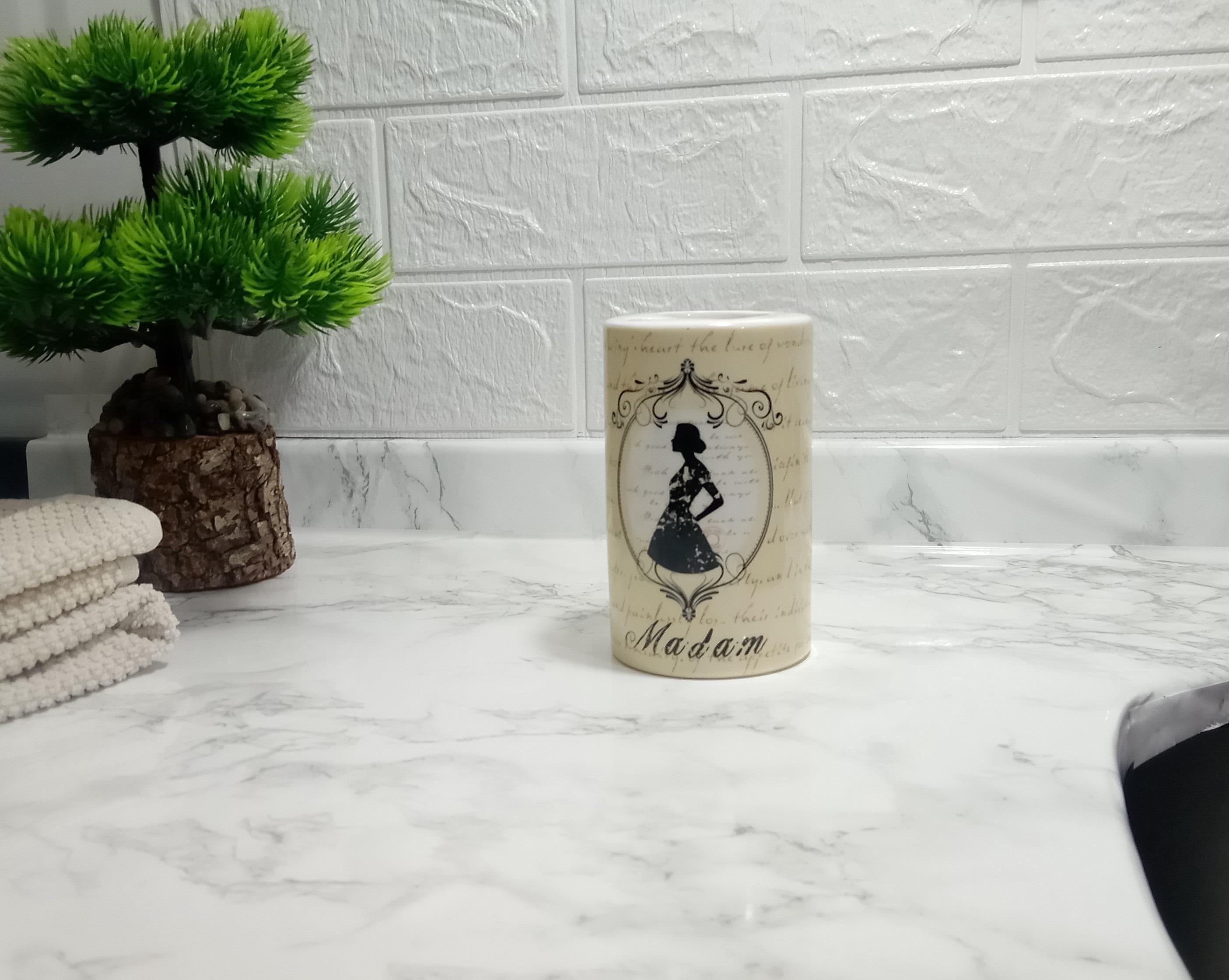 2 Adet Seramik Diş Fırçalık Madam Desenli 7X7X11Cm Banyo Seti  