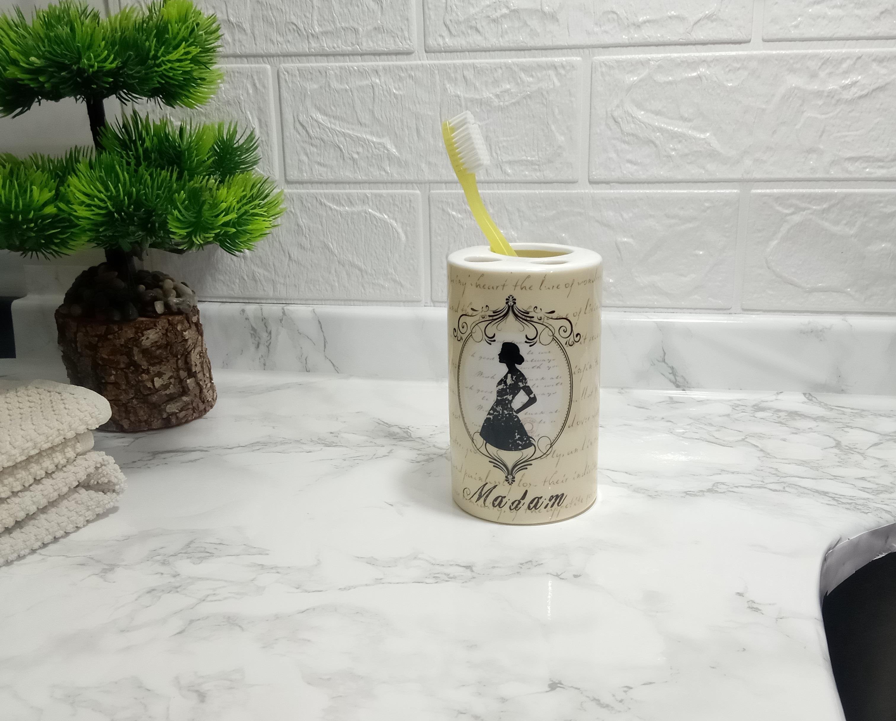 2 Adet Seramik Diş Fırçalık Madam Desenli 7X7X11Cm Banyo Seti  