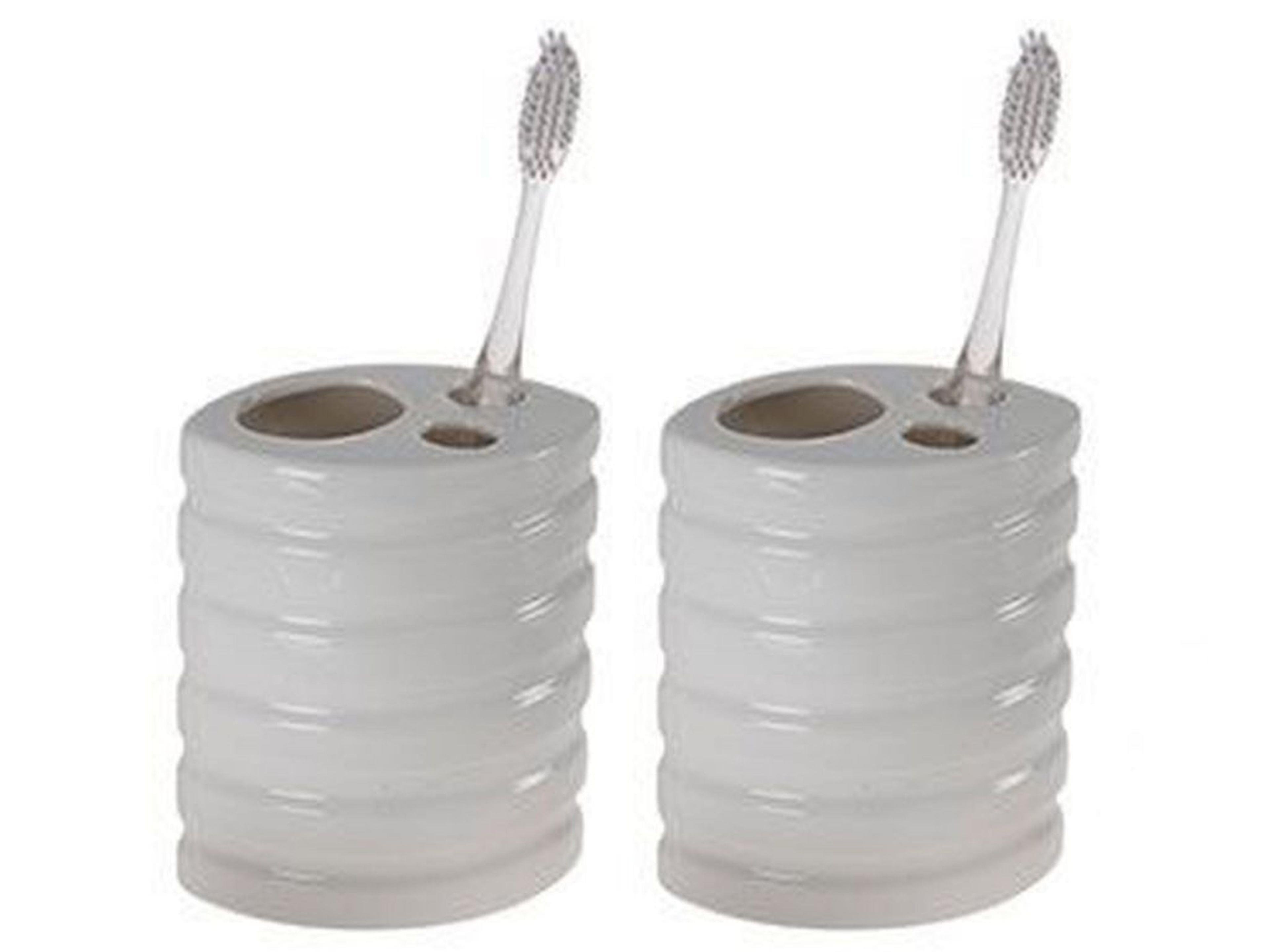 2 Adet Seramik Diş Fırçalık Oval Çizgili Model 9X6X11Cm Banyo Seti  