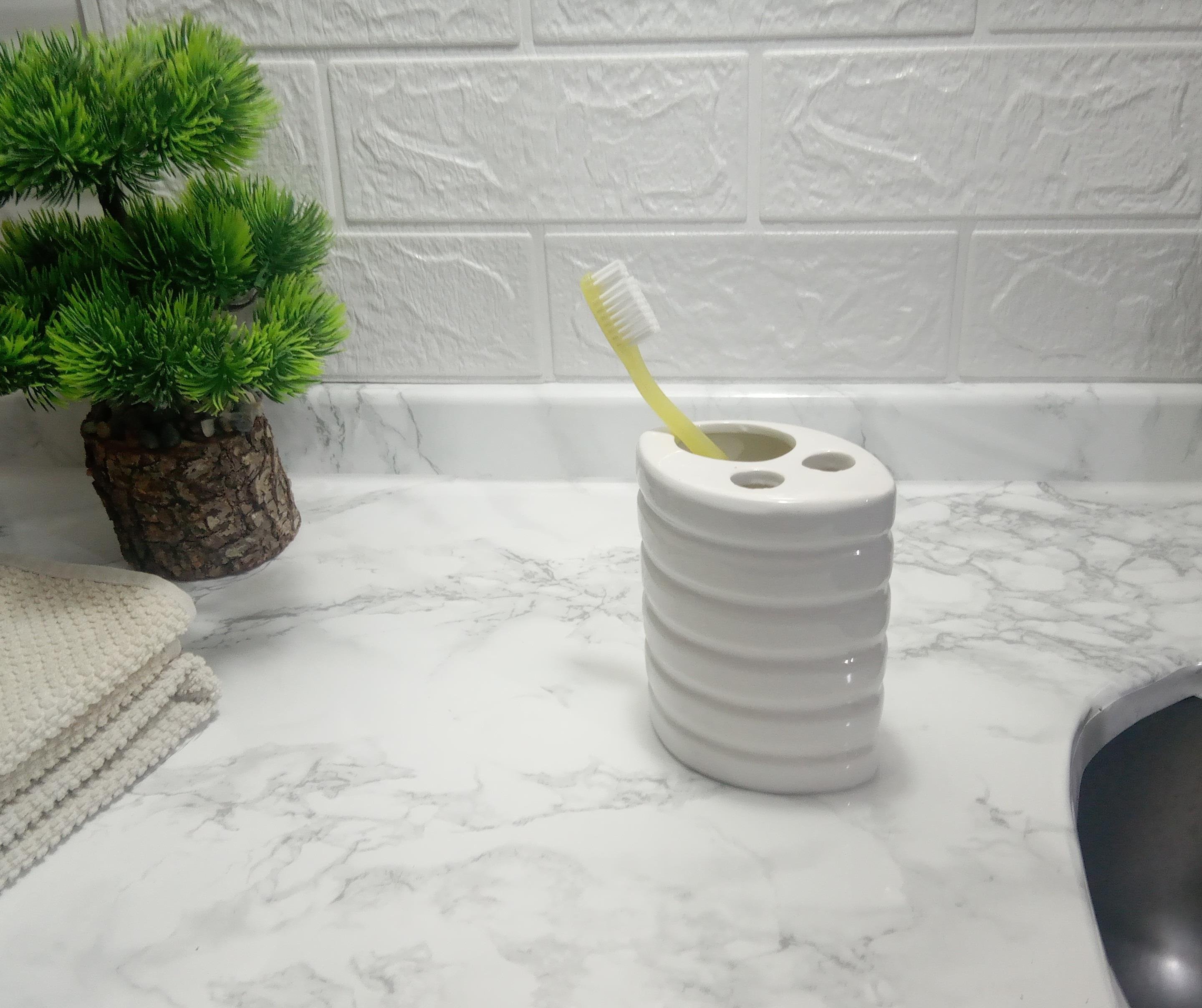 2 Adet Seramik Diş Fırçalık Oval Çizgili Model 9X6X11Cm Banyo Seti  