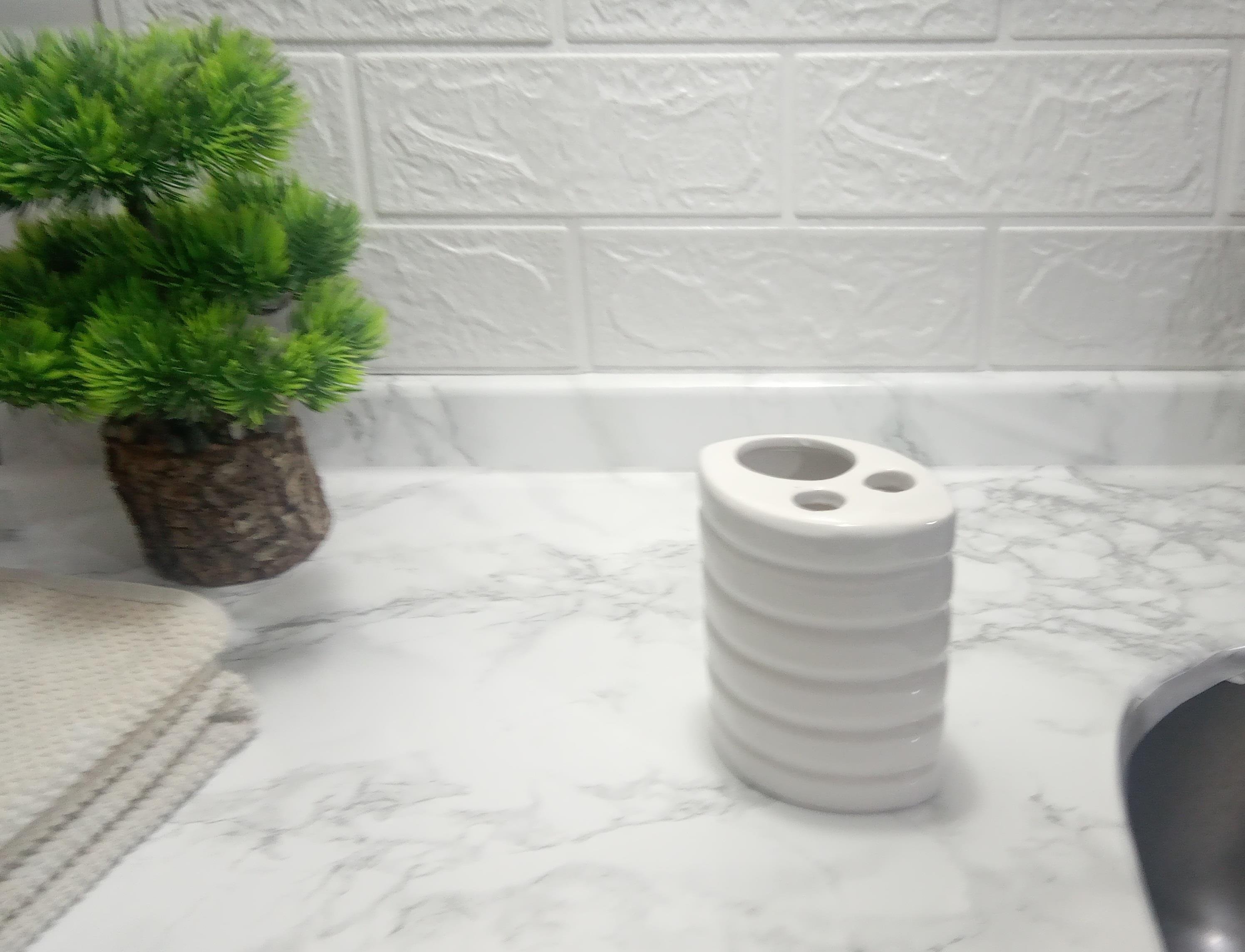 2 Adet Seramik Diş Fırçalık Oval Çizgili Model 9X6X11Cm Banyo Seti  