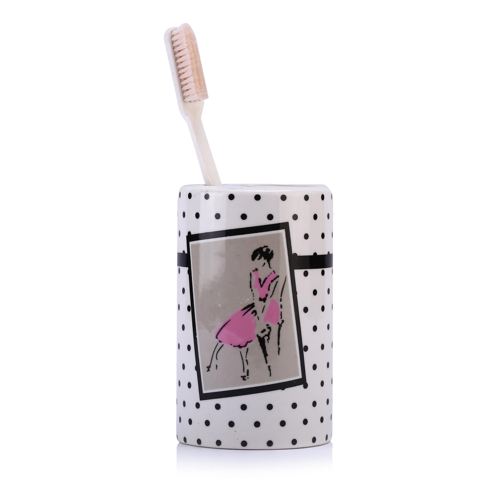 2 Adet Seramik Diş Fırçalık Pembe Elbiseli Kadın Model 7X7X11Cm Banyo Seti  