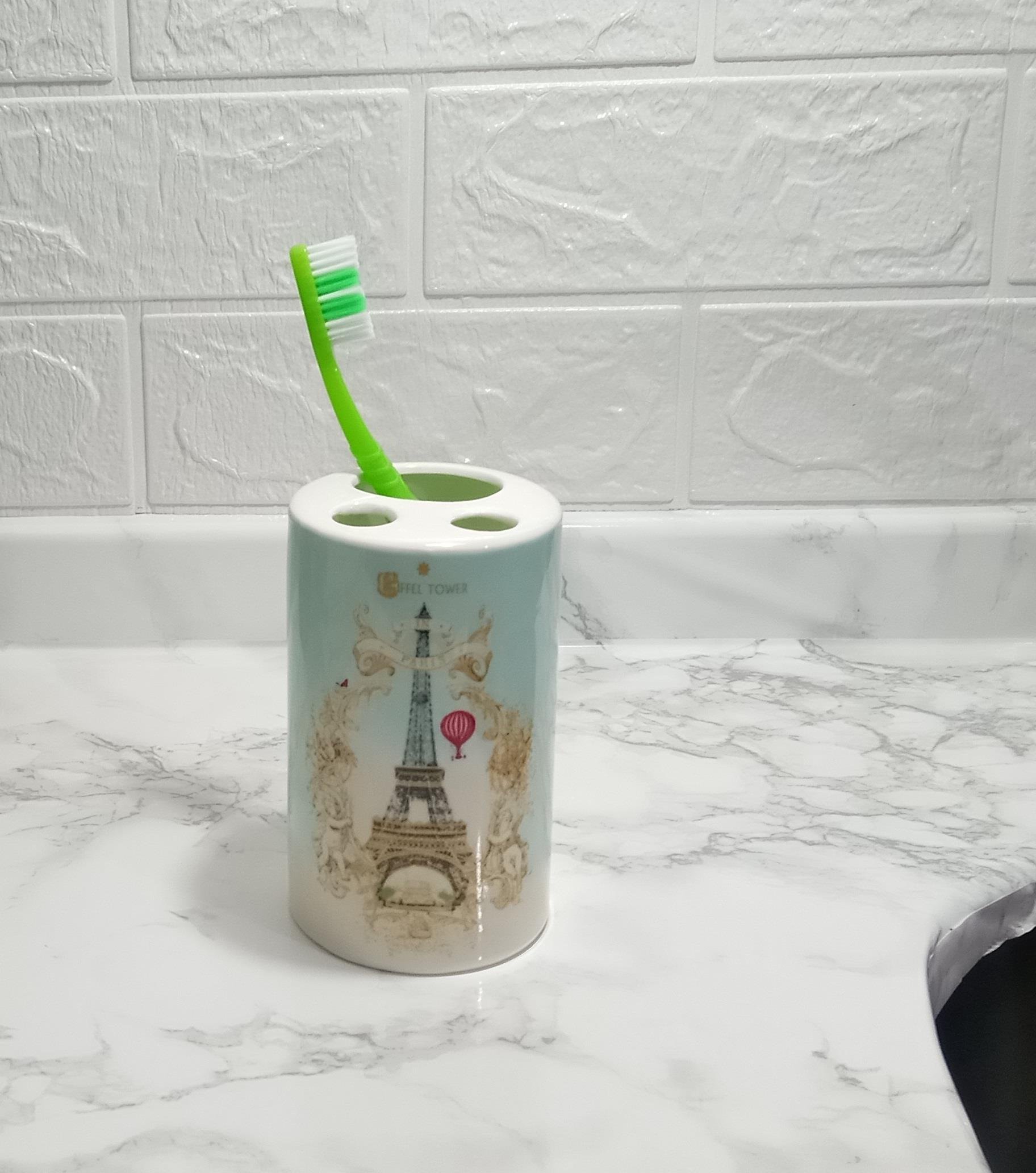 2 Adet Seramik Diş Fırçalık Romantik Yeşil Model 7X7X11Cm Banyo Seti  