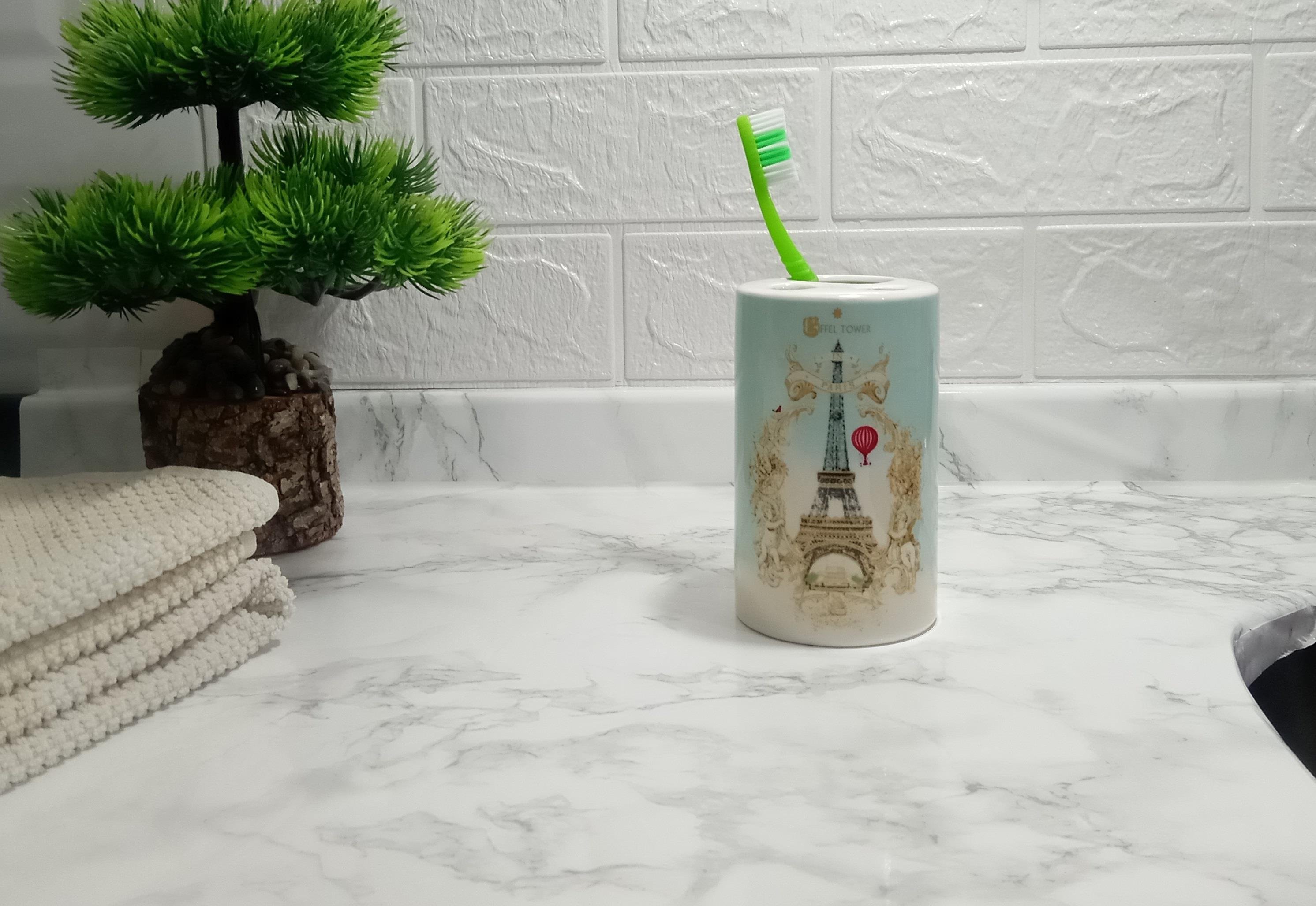 2 Adet Seramik Diş Fırçalık Romantik Yeşil Model 7X7X11Cm Banyo Seti  