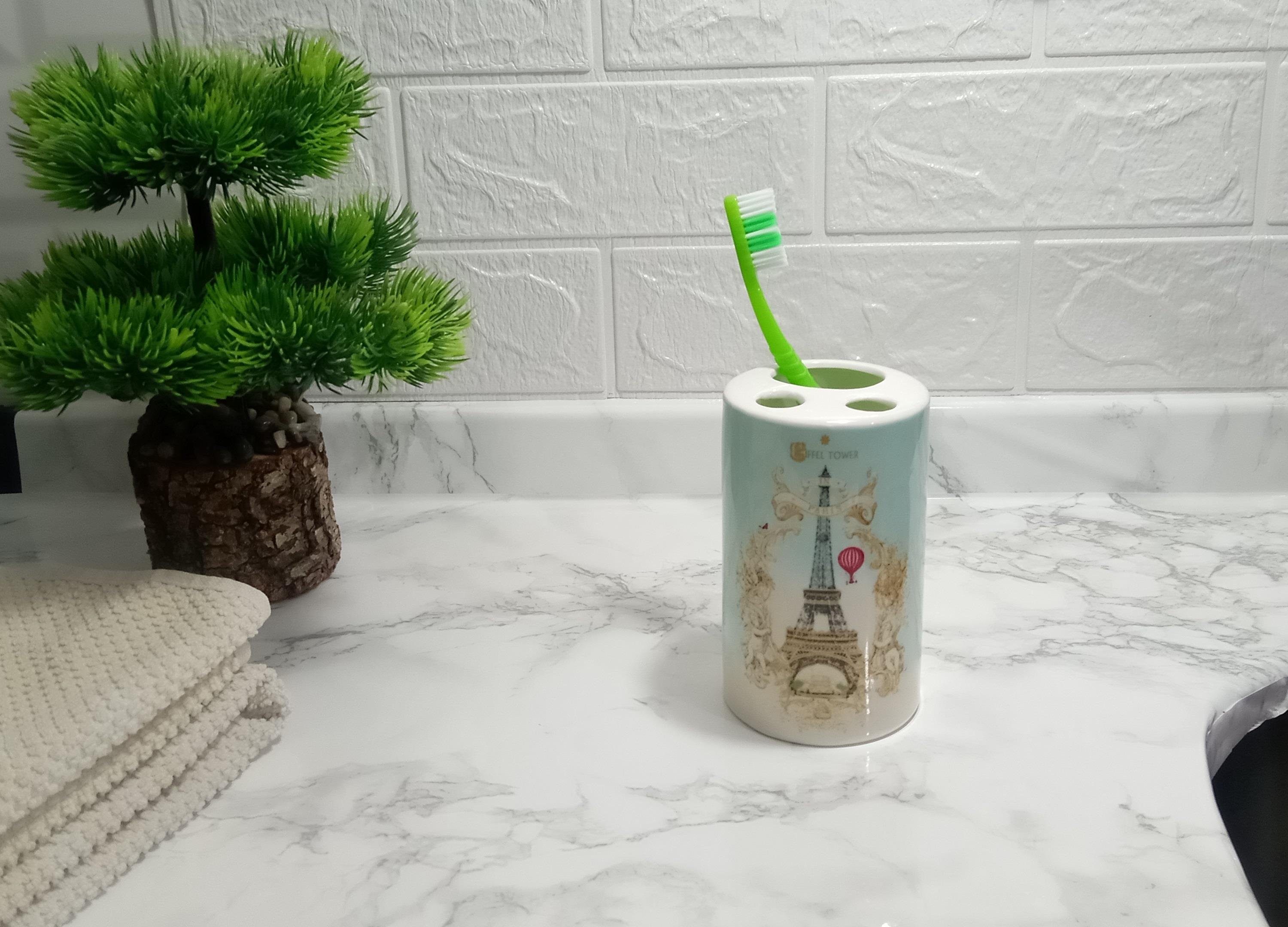 2 Adet Seramik Diş Fırçalık Romantik Yeşil Model 7X7X11Cm Banyo Seti  