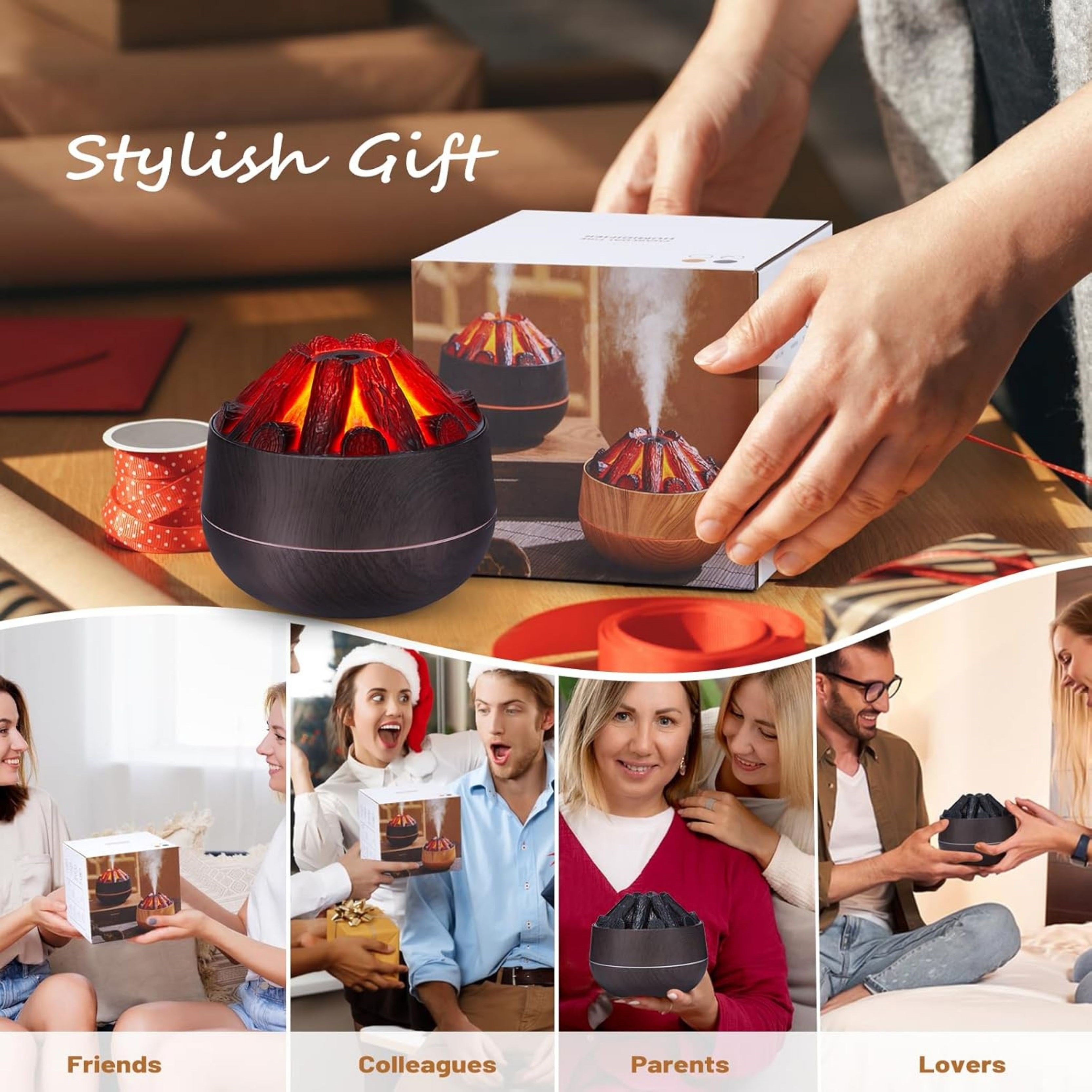 2 Adet  Şömine  Tasarımlı Usb Lı Led Aydınlatmalı Hava Nemlendirici,Aromaterapik Hava Difüzörü,Buhurdanlık,,Sis Spreyli Gece Lambası, 300 Ml 10X10X10,3Cm Kahverengi