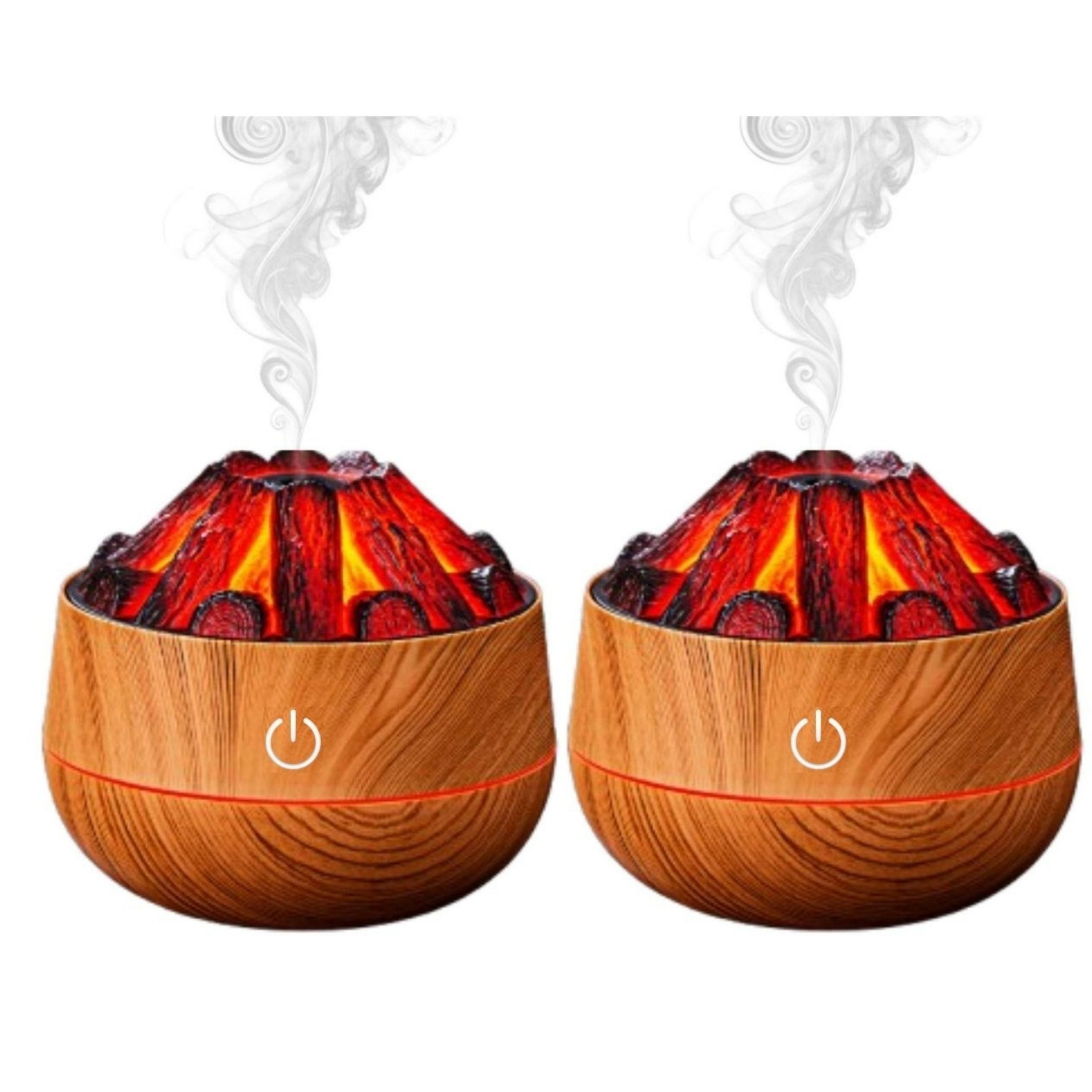 2 Adet  Şömine  Tasarımlı Usb Lı Led Aydınlatmalı Hava Nemlendirici,Aromaterapik Hava Difüzörü,Buhurdanlık,,Sis Spreyli Gece Lambası, 300 Ml 10X10X10,3Cm Açık Kahverengi