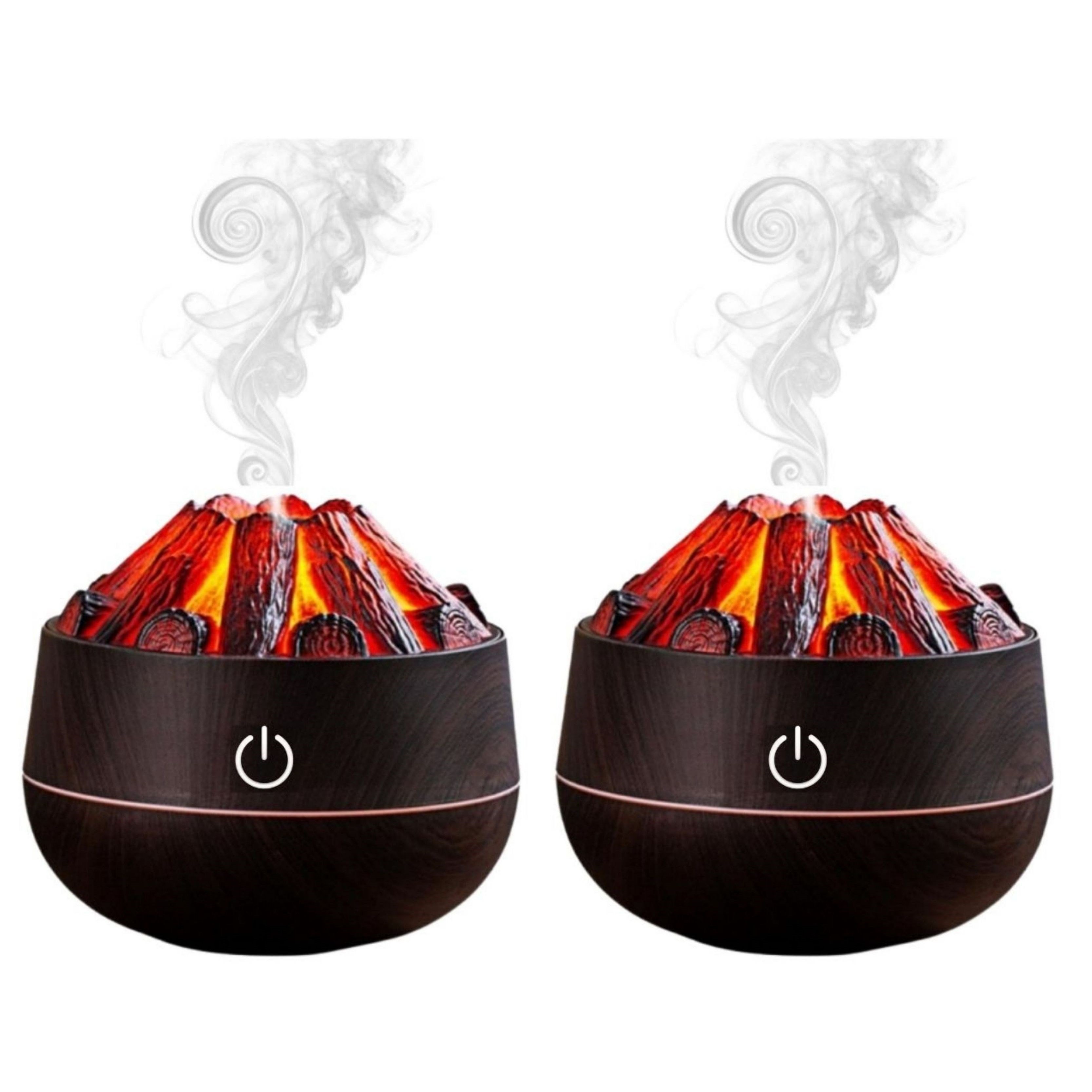 2 Adet Şömine  Tasarımlı Usb Lı Led Aydınlatmalı Hava Nemlendirici,Aromaterapik Hava Difüzörü,Buhurdanlık,,Sis Spreyli Gece Lambası, 300 Ml 10X10X10,3Cm Koyu Kahverengi