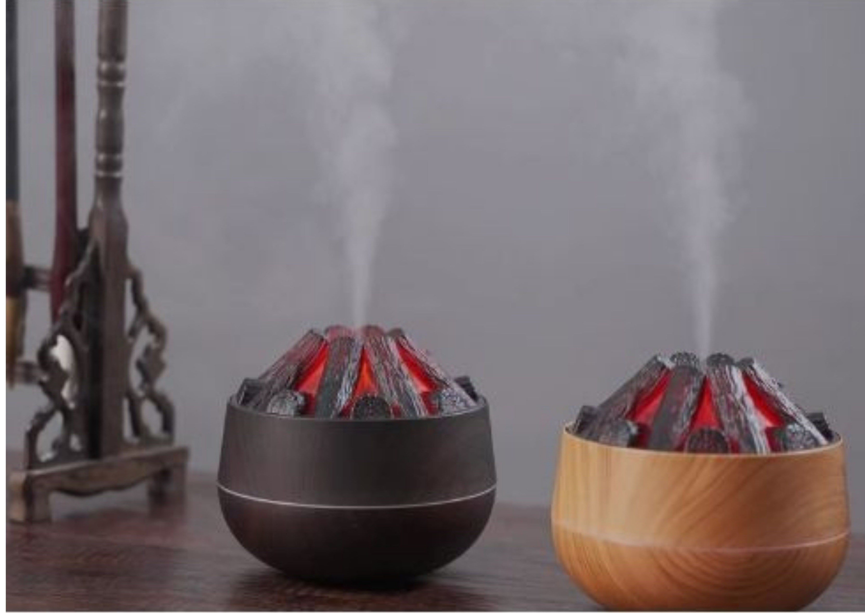 2 Adet  Şömine  Tasarımlı Usb Lı Led Aydınlatmalı Hava Nemlendirici,Aromaterapik Hava Difüzörü,Buhurdanlık,,Sis Spreyli Gece Lambası, 300 Ml 10X10X10,3Cm Kahverengi