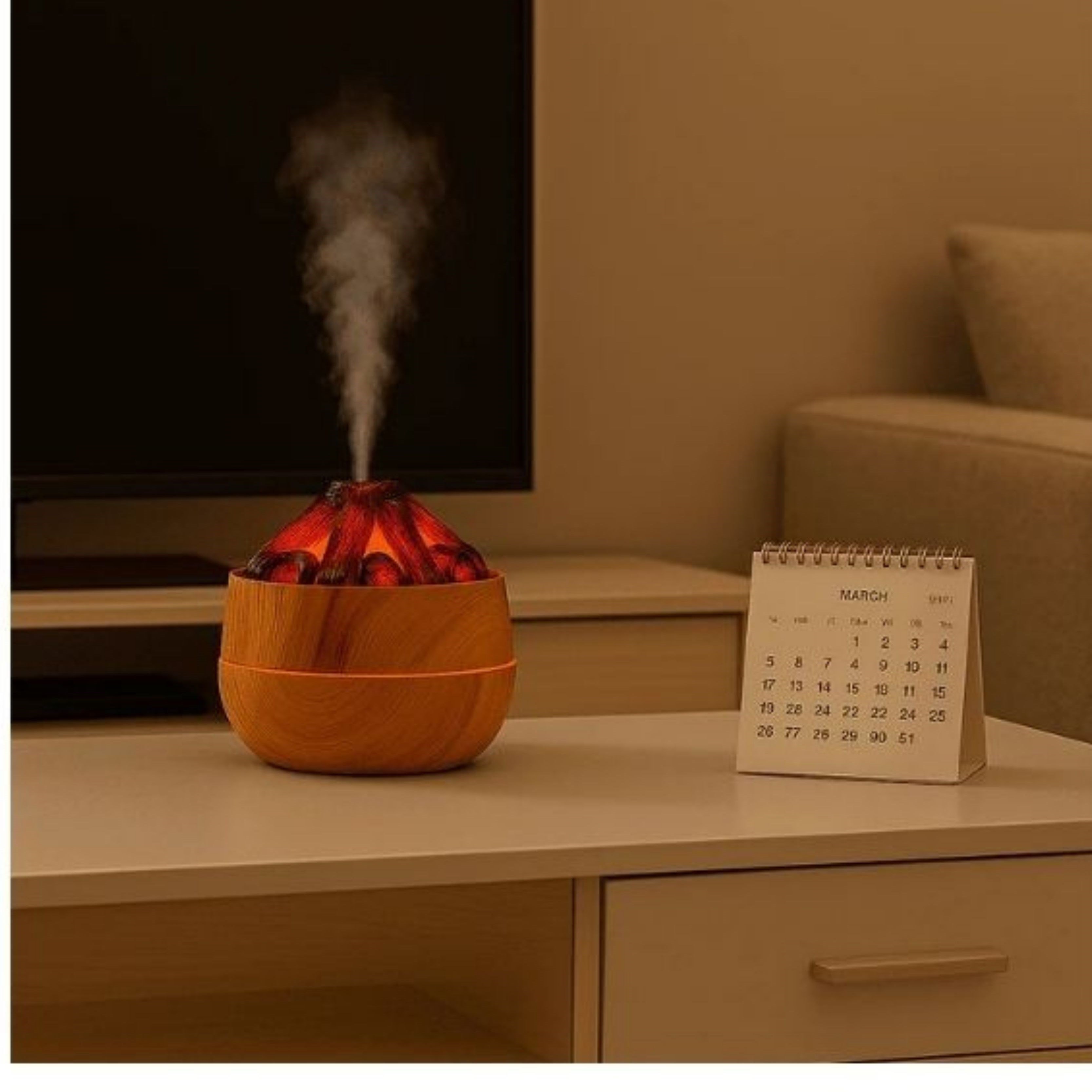 2 Adet  Şömine  Tasarımlı Usb Lı Led Aydınlatmalı Hava Nemlendirici,Aromaterapik Hava Difüzörü,Buhurdanlık,,Sis Spreyli Gece Lambası, 300 Ml 10X10X10,3Cm Açık Kahverengi