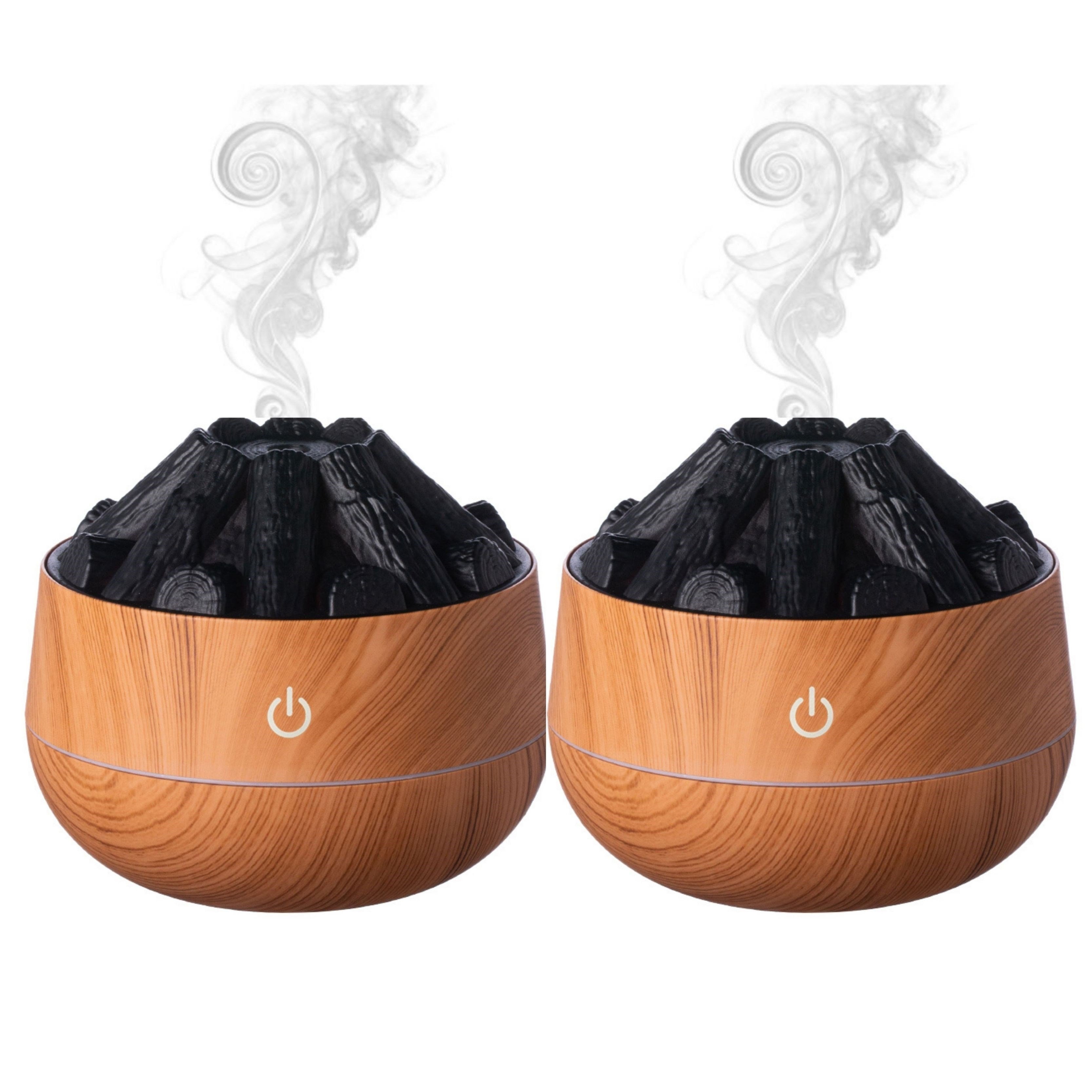 2 Adet  Şömine  Tasarımlı Usb Lı Led Aydınlatmalı Hava Nemlendirici,Aromaterapik Hava Difüzörü,Buhurdanlık,,Sis Spreyli Gece Lambası, 300 Ml 10X10X10,3Cm Açık Kahverengi