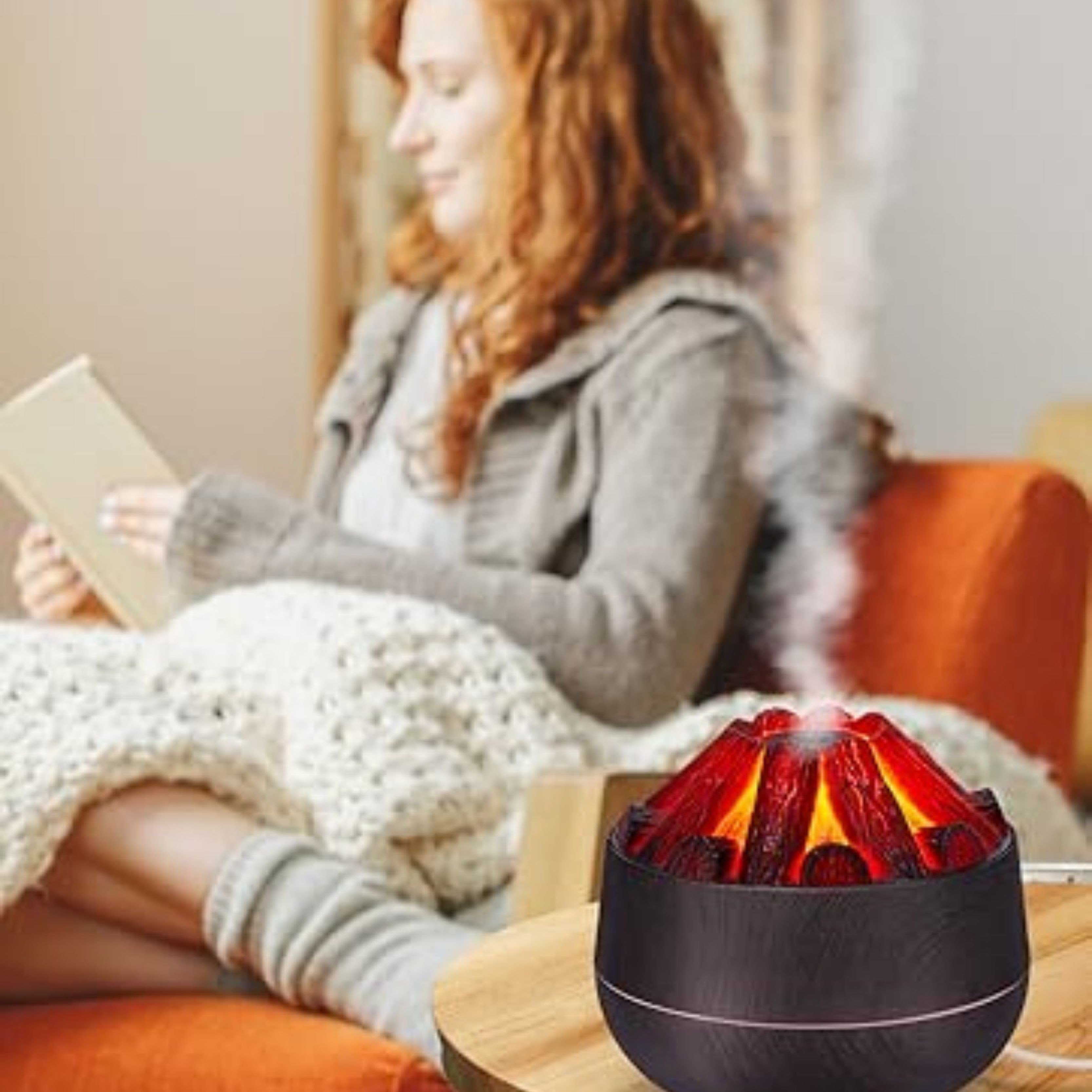 2 Adet Şömine  Tasarımlı Usb Lı Led Aydınlatmalı Hava Nemlendirici,Aromaterapik Hava Difüzörü,Buhurdanlık,,Sis Spreyli Gece Lambası, 300 Ml 10X10X10,3Cm Koyu Kahverengi