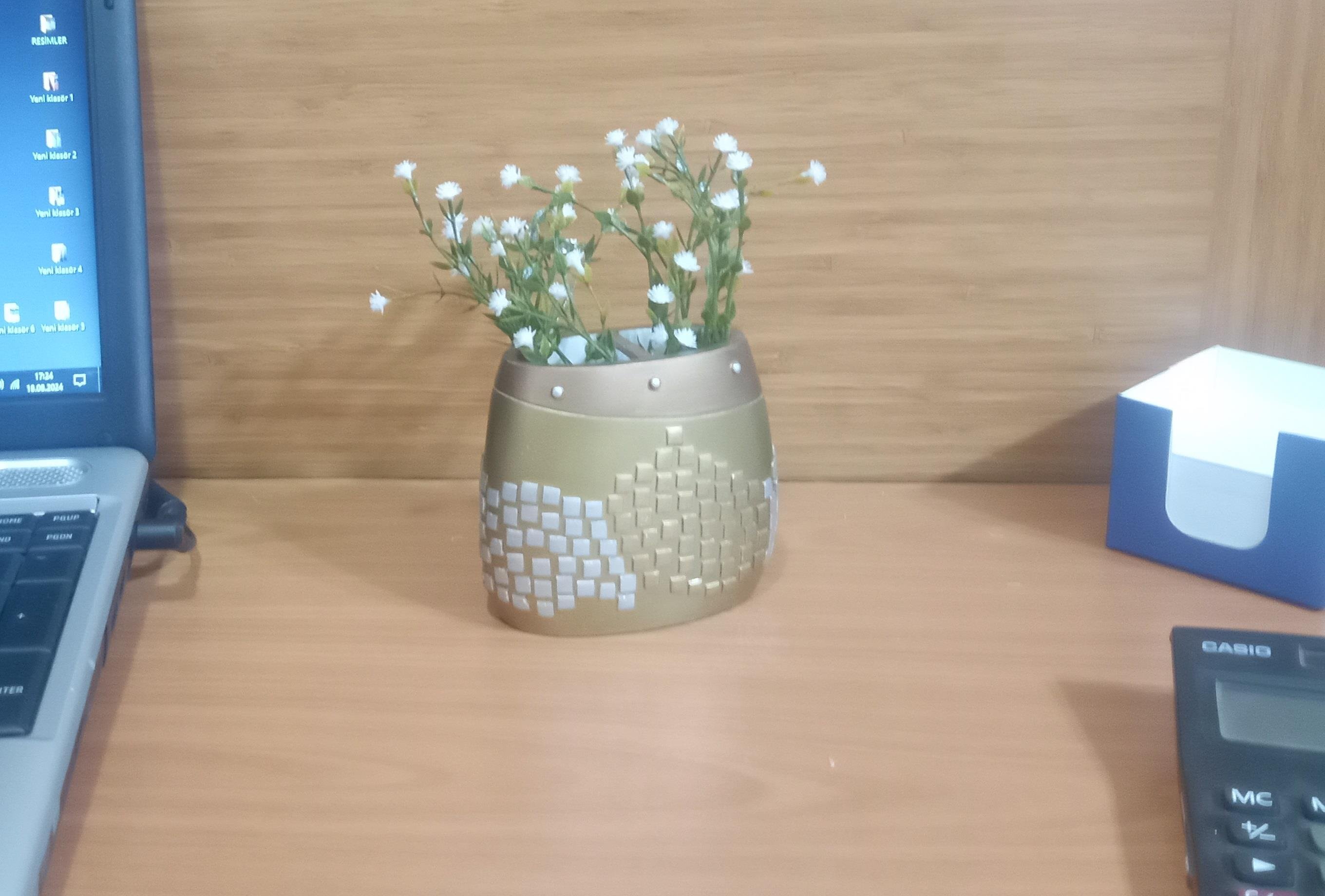 2 Adet Vazo Dahil,Vazoda Çiçek,Beyaz Yapay Çiçek,Vazo Dekoratif Altın Mozaik Poliresin 10X15X5Cm 