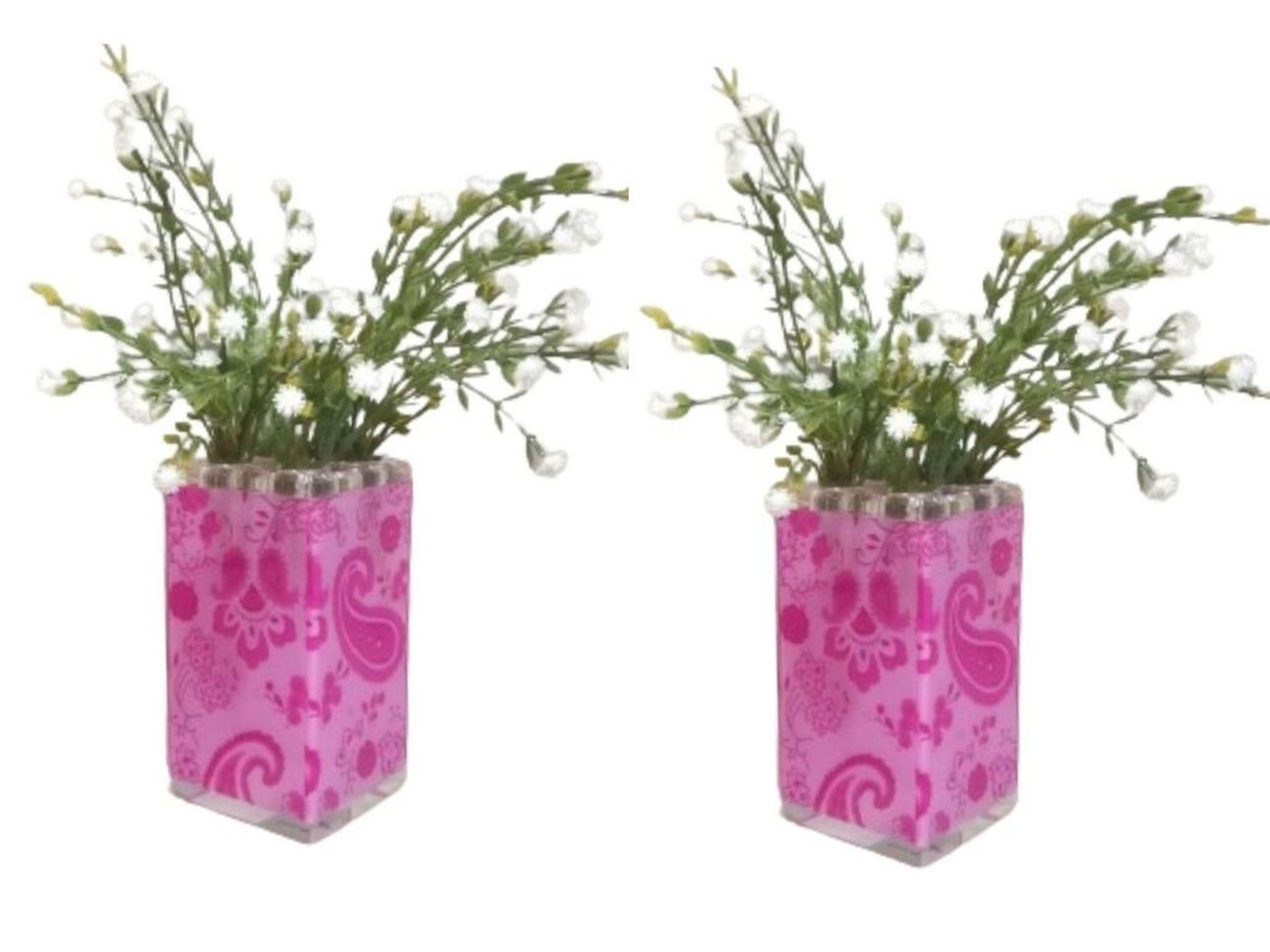 2 Adet Vazo Dahil,Vazoda Çiçek,Beyaz Yapay Çiçek,Vazo Dekoratif Pembe 7X7X17Cm 