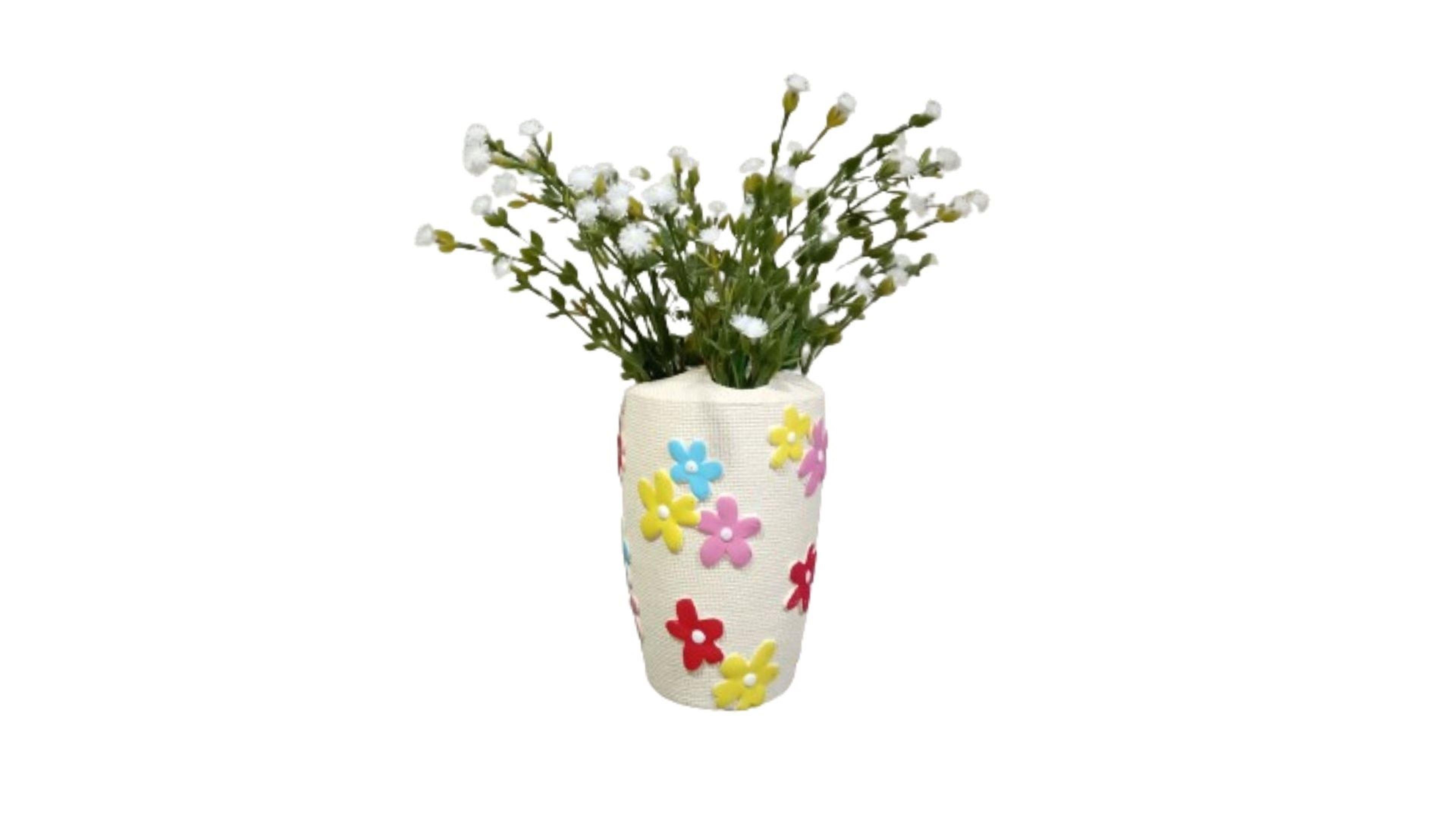 2 Adet Vazo Dahil,Vazoda Çiçek,Beyaz Yapay Çiçek,Vazo Dekoratif Renkli Papatyalı Poliresin 5X5X16Cm 