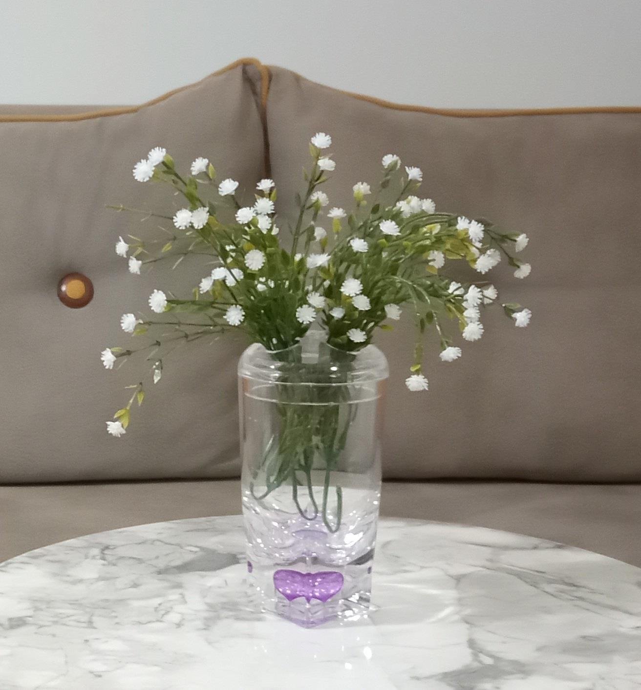 2 Adet Vazo Dahil,Vazoda Çiçek,Beyaz Yapay Çiçek,Vazo Dekoratif Mor Damlalı 6X6X19Cm