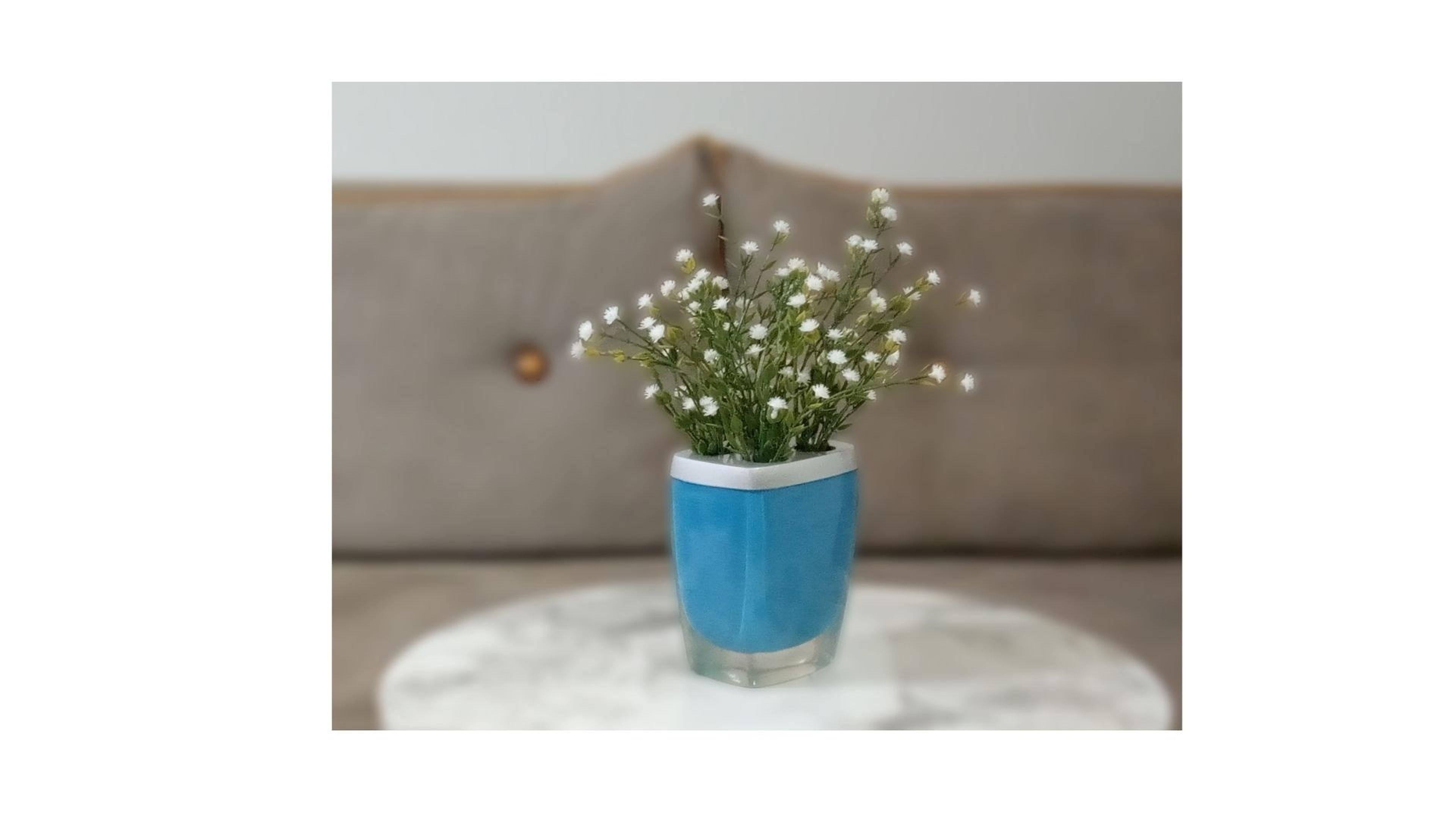 2 Adet Vazo Dahil,Vazoda Çiçek,Beyaz Yapay Çiçek,Vazo Dekoratif Gri Mavi Poliresin 8X4X16Cm  