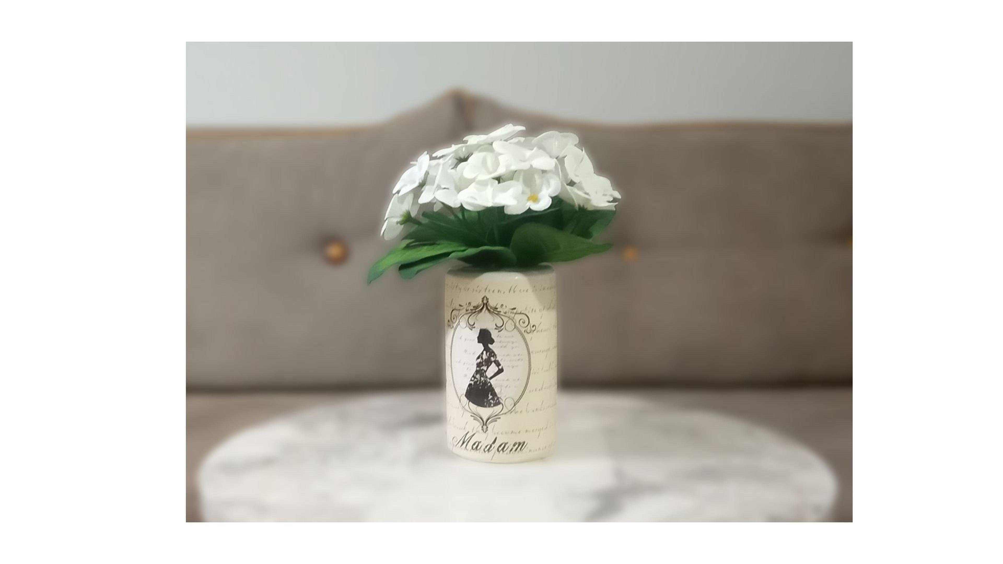 2 Adet Vazo Dahil,Vazoda Çiçek,Beyaz Yapay Çiçek,Vazo Dekoratif Madam Desenli 7X7X16Cm 