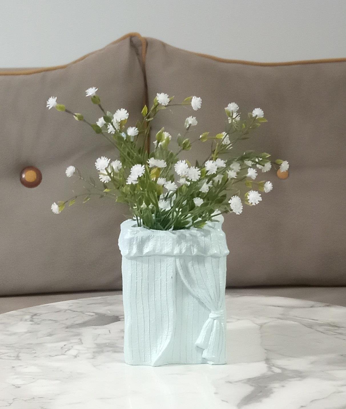 2 Adet Vazo Dahil,Vazoda Çiçek,Beyaz Yapay Çiçek,Vazo Dekoratif Poliresin 7X7X17Cm 