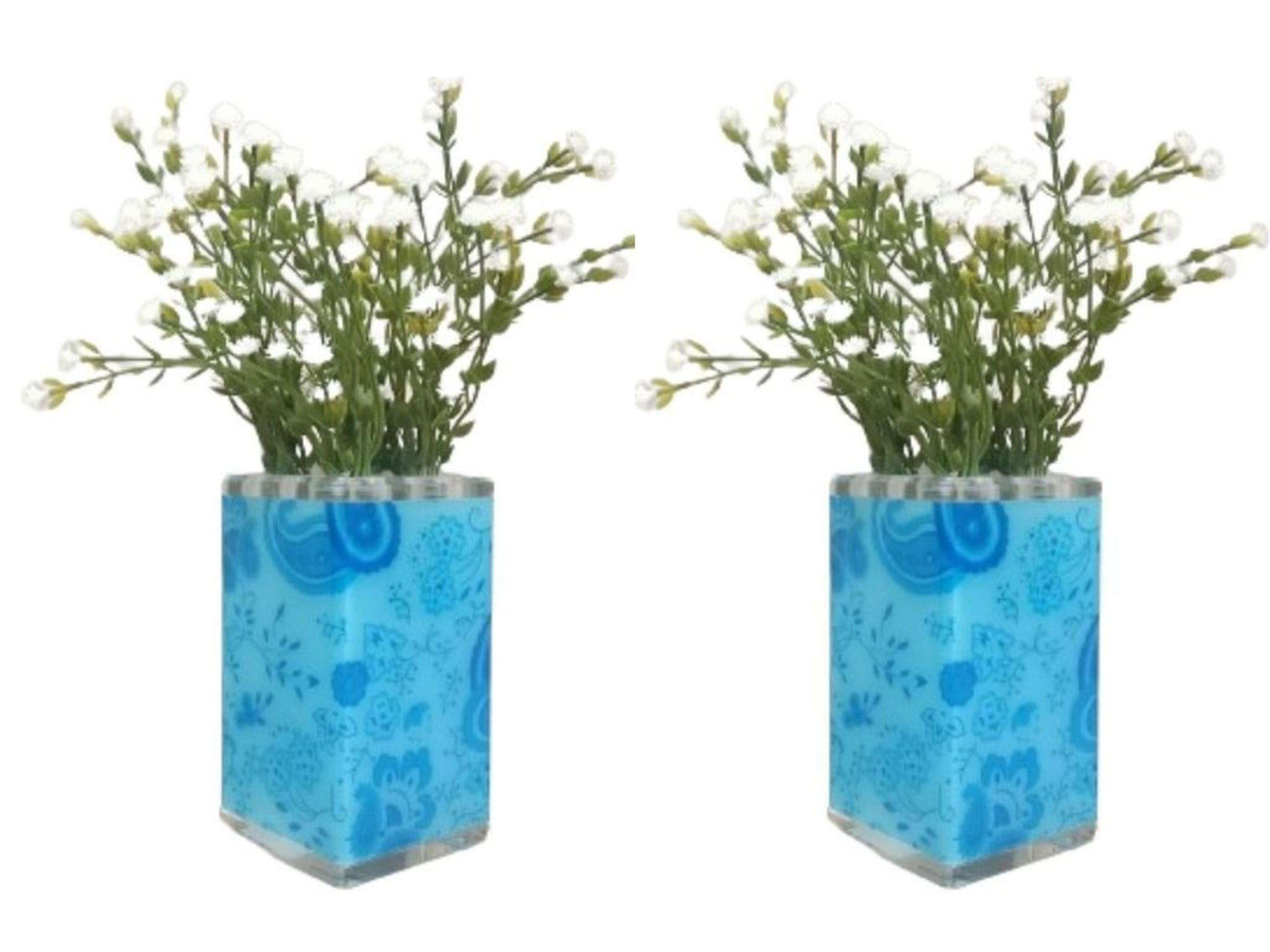 2 Adet Vazo Dahil,Vazoda Çiçek,Beyaz Yapay Çiçek,Vazo Dekoratif Mavi  7X7X17Cm 