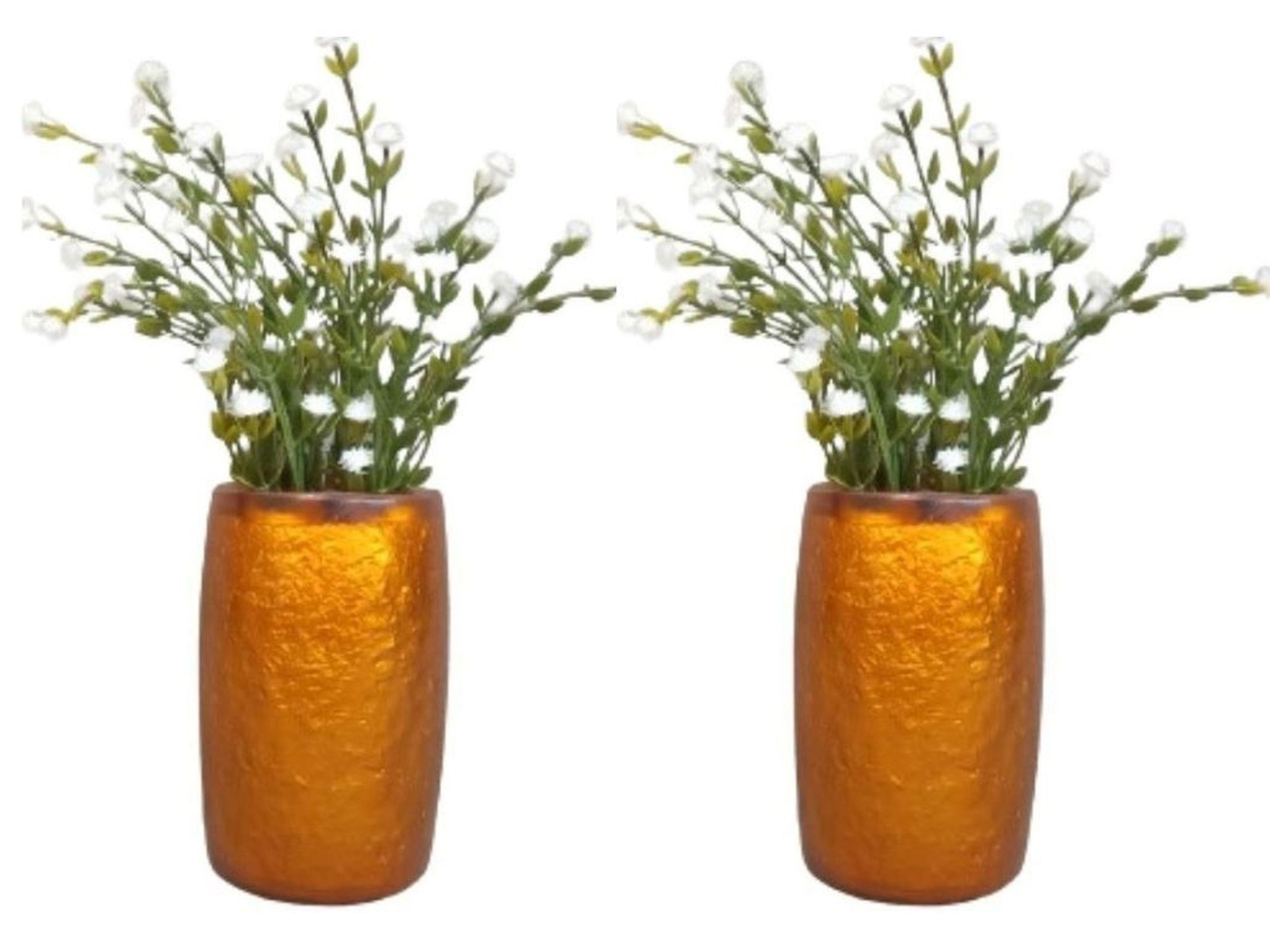 2 Adet Vazo Dahil,Vazoda Çiçek,Beyaz Yapay Çiçek,Vazo Dekoratif Altın Renkli Poliresin  5X5X12Cm