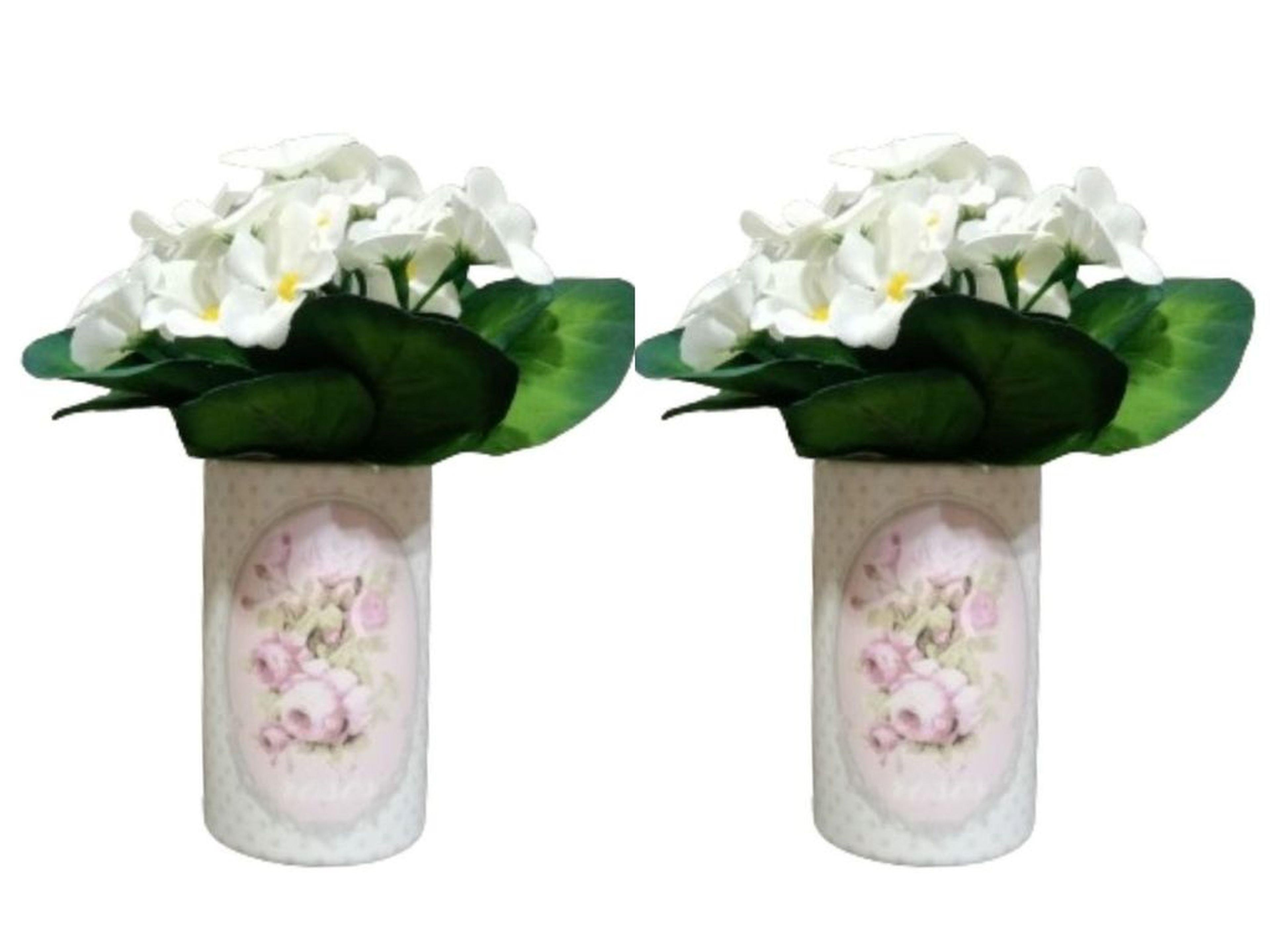 2 Adet Vazo Dahil,Vazoda Çiçek,Beyaz Yapay Çiçek,Vazo Dekoratif  Bahar Desenli 7X7X16Cm 