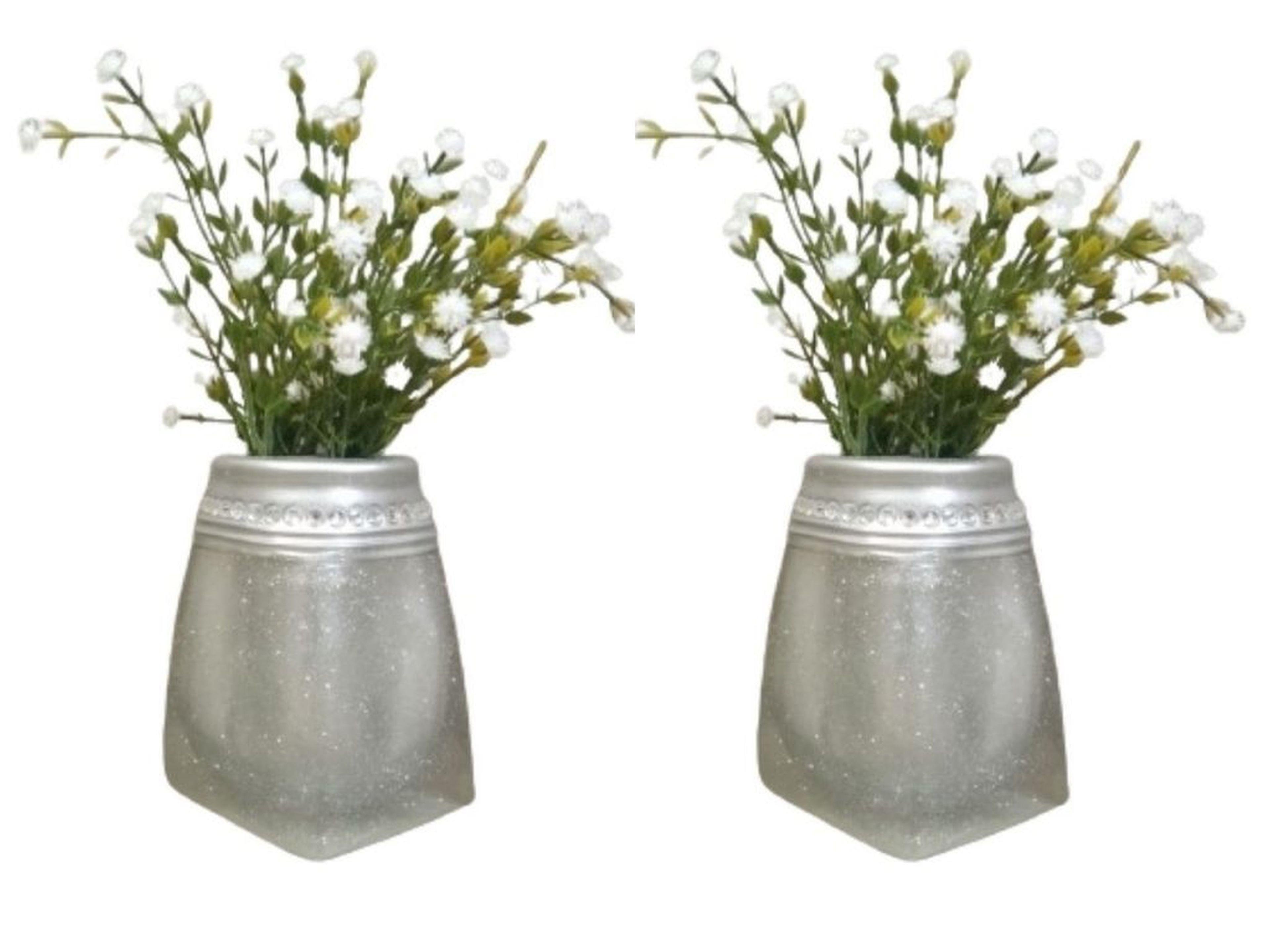 2 Adet Vazo Dahil,Vazoda Çiçek,Beyaz Yapay Çiçek,Vazo Dekoratif Kristal Taşlı Gümüş Poliresin 7X7X15Cm 