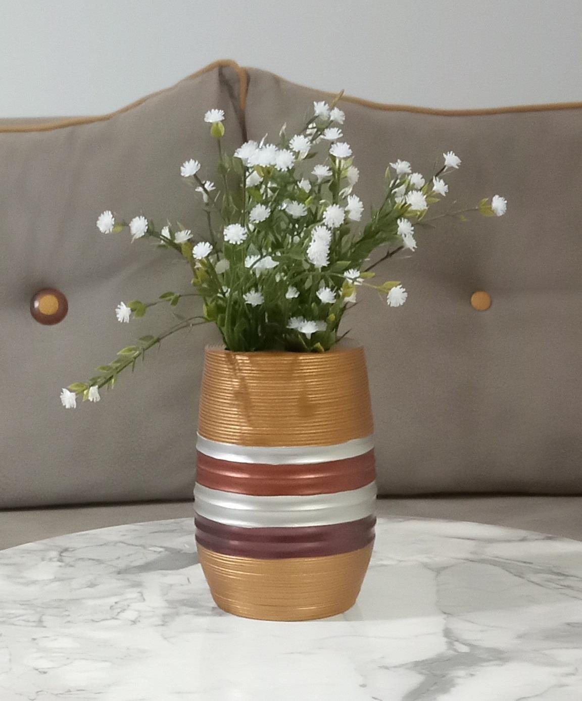 2 Adet Vazo Dahil,Vazoda Çiçek,Beyaz Yapay Çiçek,Vazo Dekoratif Metalik Kahve Poliresin 6X6X17Cm 
