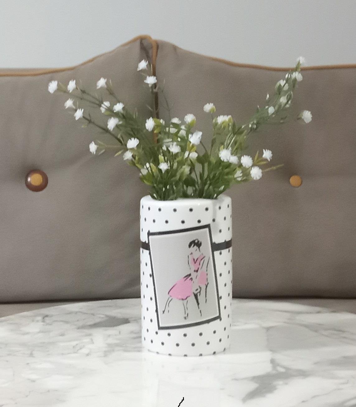 2 Adet Vazo Dahil,Vazoda Çiçek,Beyaz Yapay Çiçek,Vazo Dekoratif Pembe Elbiseli Kadın 7X7X16Cm 