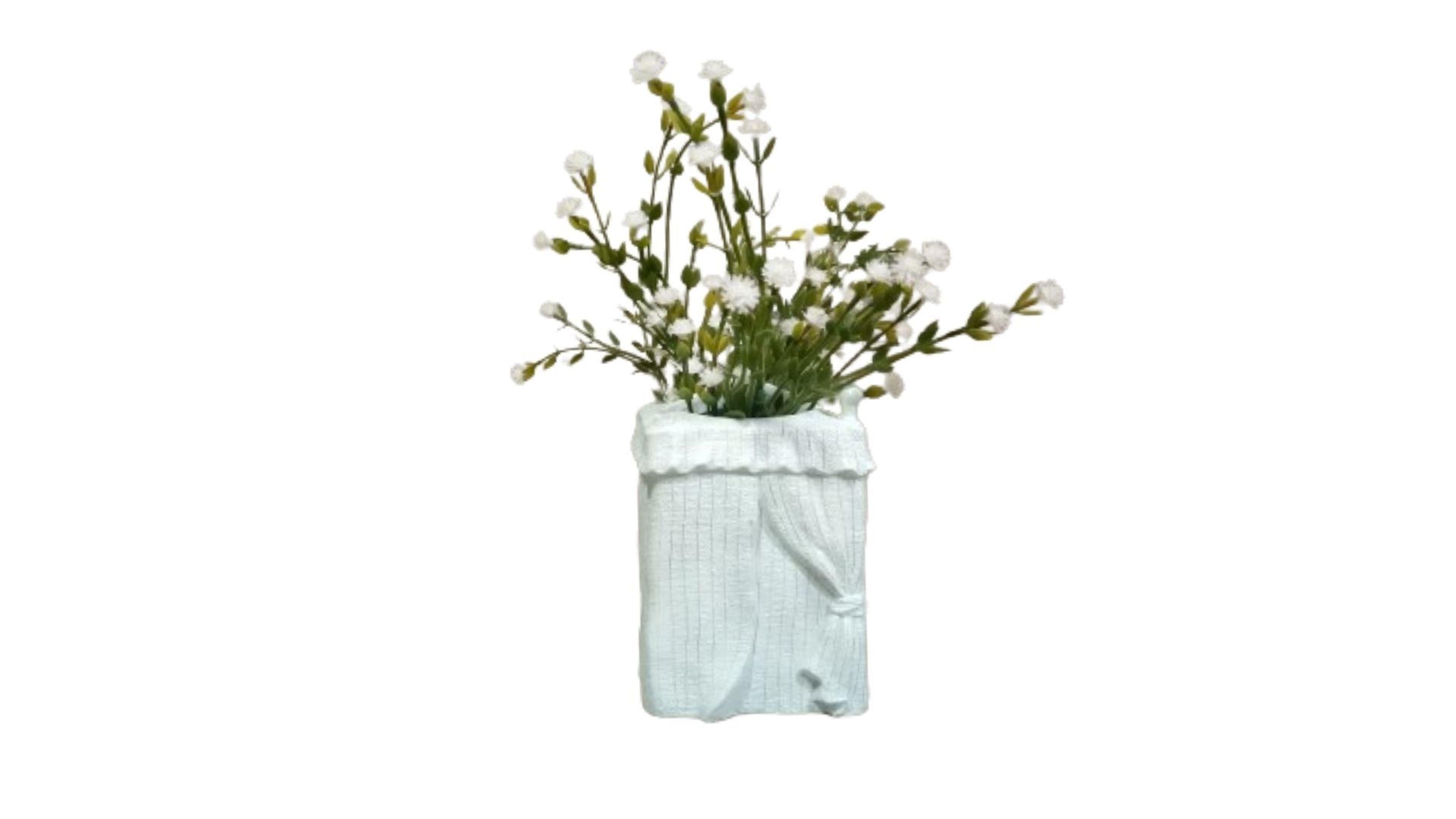 2 Adet Vazo Dahil,Vazoda Çiçek,Beyaz Yapay Çiçek,Vazo Dekoratif Poliresin 7X7X17Cm 