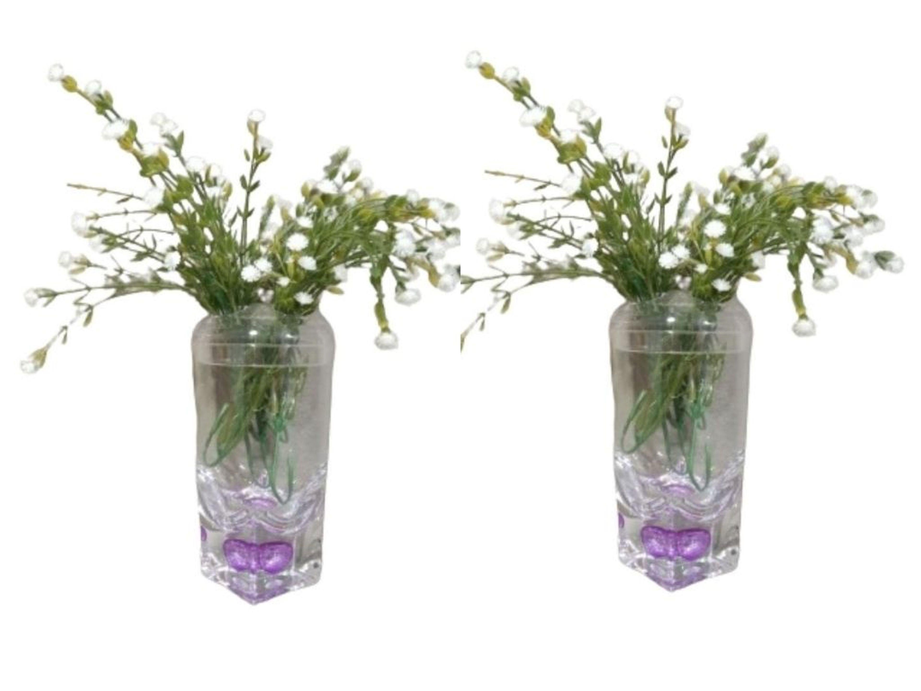 2 Adet Vazo Dahil,Vazoda Çiçek,Beyaz Yapay Çiçek,Vazo Dekoratif Mor Damlalı 6X6X19Cm