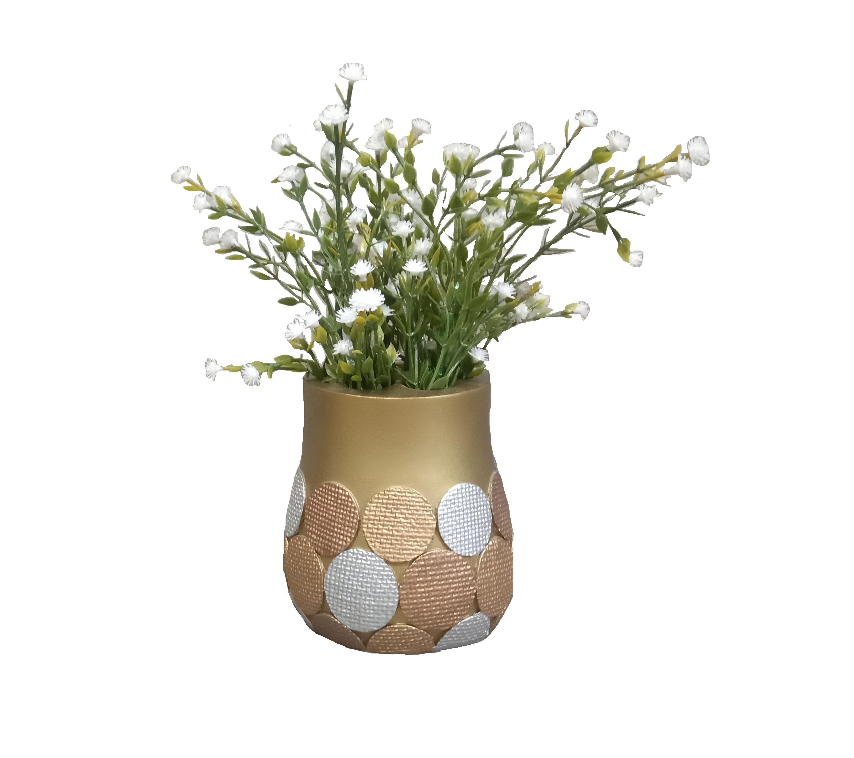 2 Adet Vazo Dahil,Vazoda Çiçek,Beyaz Yapay Çiçek,Vazo Dekoratif Altın Puanlı Poliresin 9X9X15Cm  