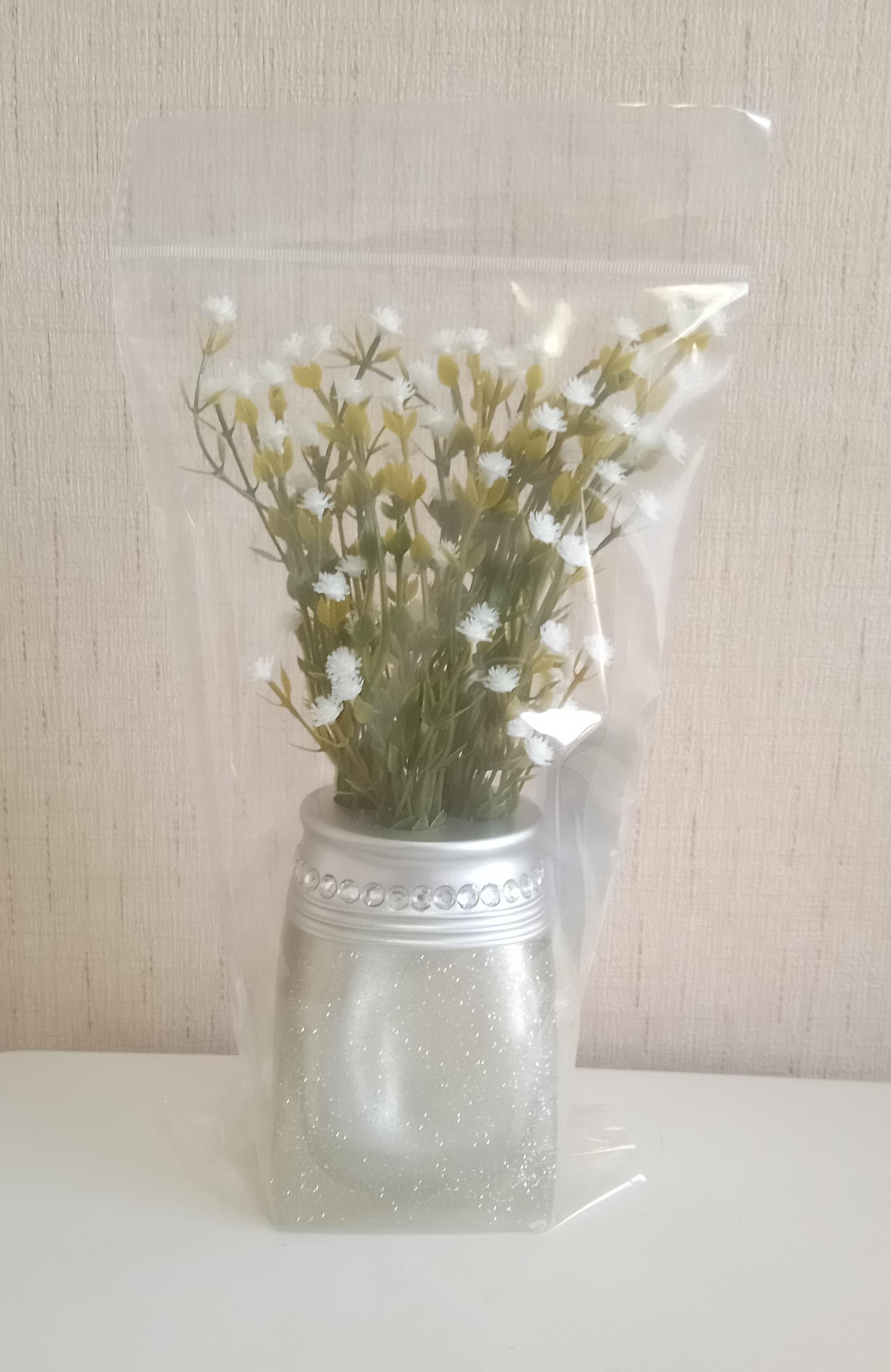 2 Adet Vazo Dahil,Vazoda Çiçek,Beyaz Yapay Çiçek,Vazo Dekoratif Kristal Taşlı Gümüş Poliresin 7X7X15Cm 