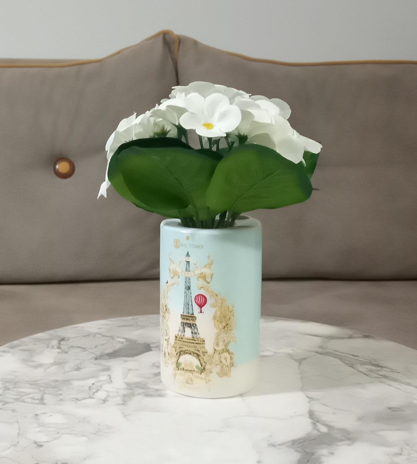 2 Adet Vazo Dahil,Vazoda Çiçek,Beyaz Yapay Çiçek,Vazo Dekoratif Romantik Yeşil Model 7X7X16Cm 