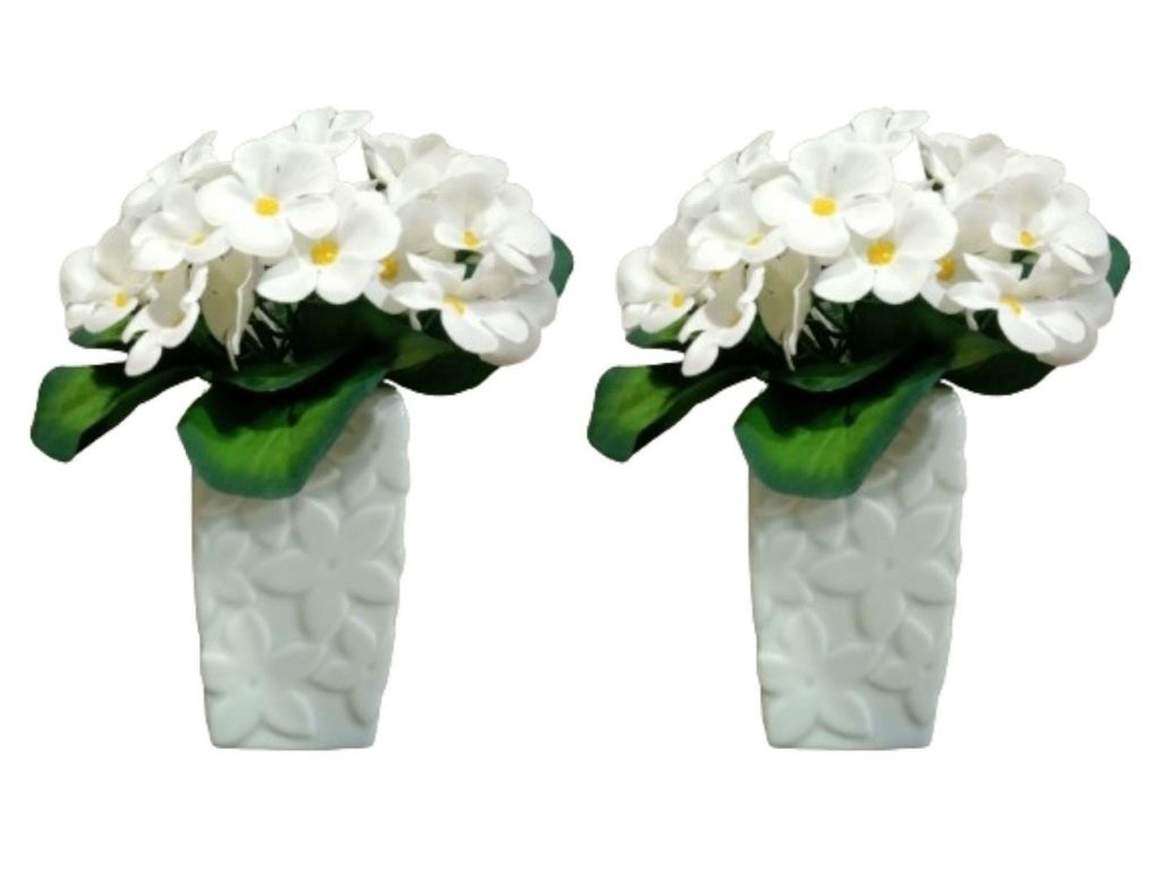 2 Adet Vazo Dahil,Vazoda Çiçek,Beyaz Yapay Çiçek,Vazo Dekoratif Çiçekli Su Yeşili 7X7X17Cm   