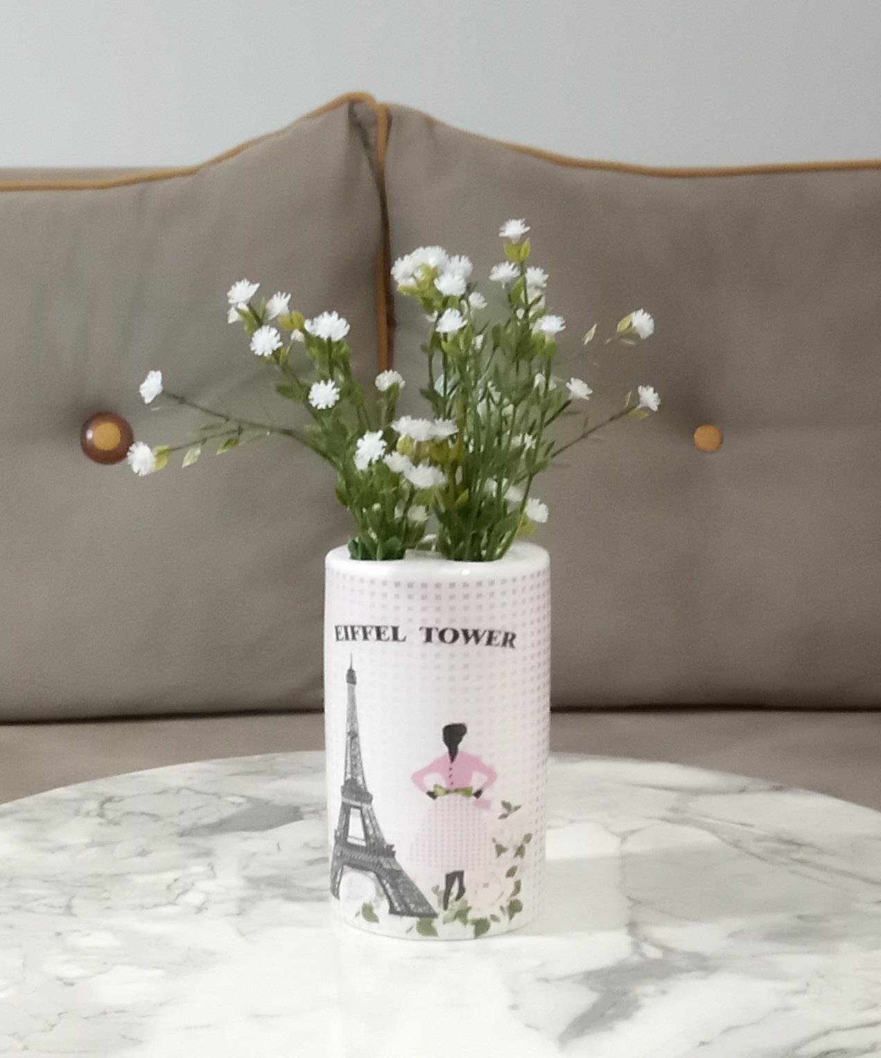2 Adet Vazo Dahil,Vazoda Çiçek,Beyaz Yapay Çiçek,Vazo Dekoratif  Eyfel Kulesi 7X7X16Cm