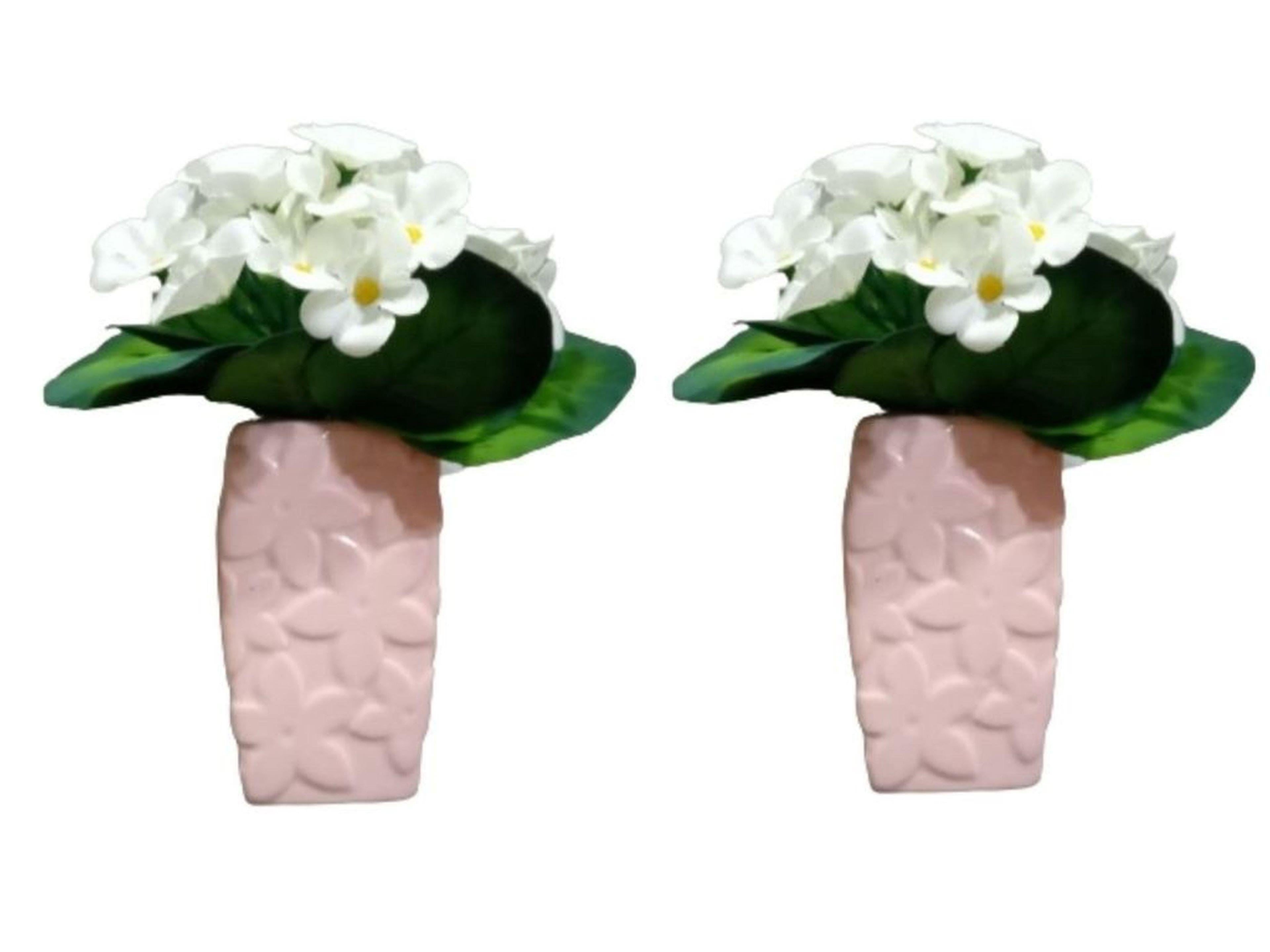 2 Adet Vazo Dahil,Vazoda Çiçek,Beyaz Yapay Çiçek,Vazo Dekoratif Çiçekli Pembe 7X7X17Cm  