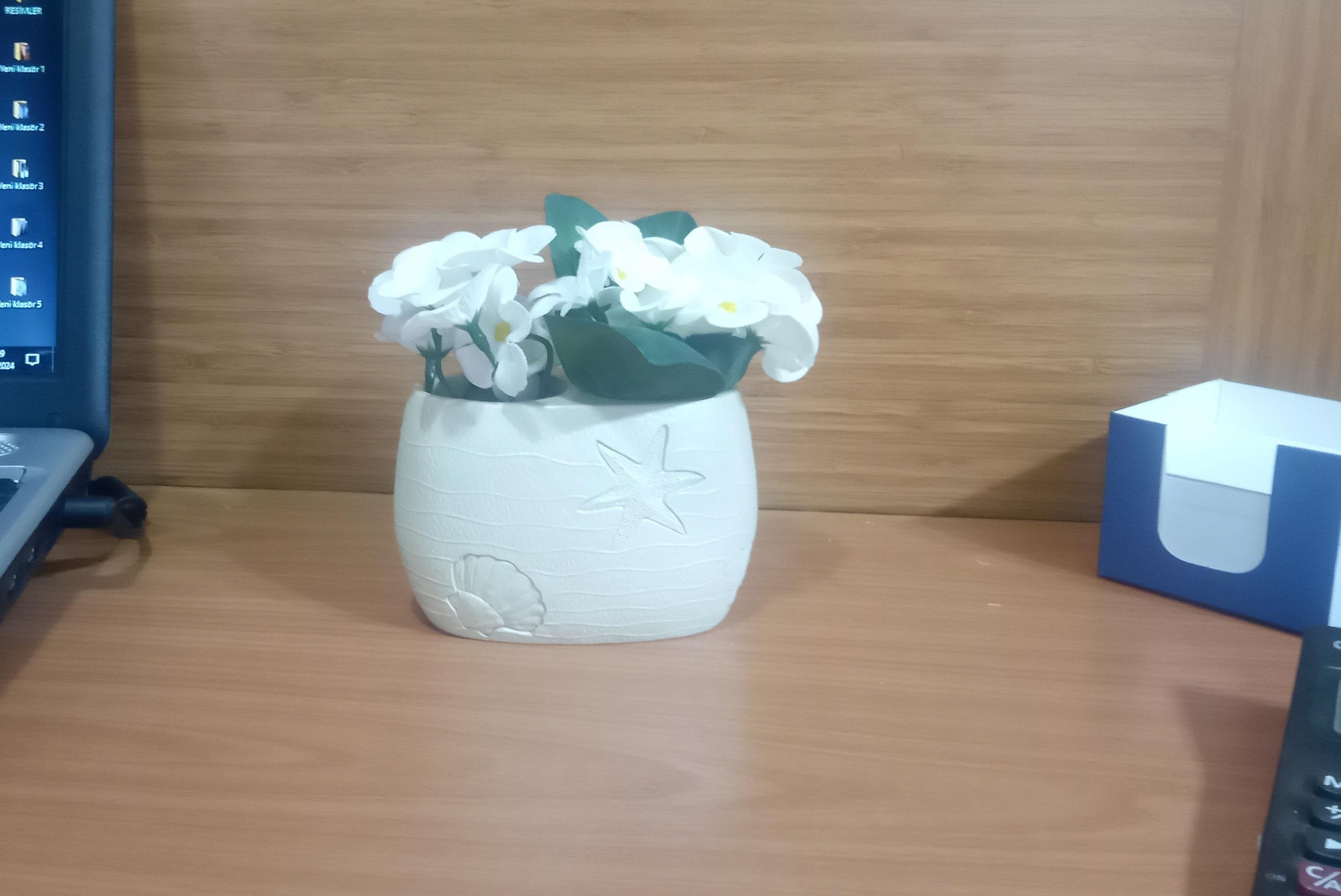 2 Adet Vazo Dahil,Vazoda Çiçek,Beyaz Yapay Çiçek,Vazo Dekoratif İstiridye Poliresin 10X5X14Cm