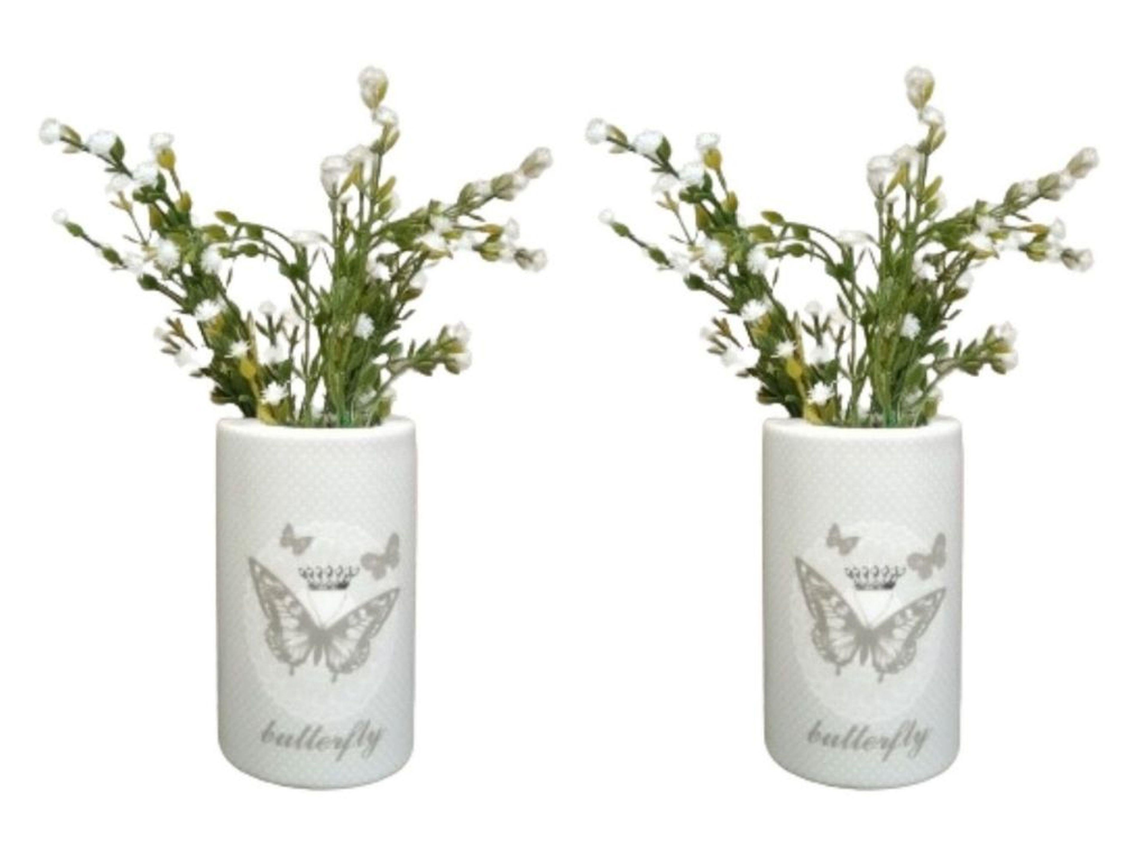 2 Adet Vazo Dahil,Vazoda Çiçek,Beyaz Yapay Çiçek,Vazo Dekoratif Kelebek Desenli 7X7X16Cm