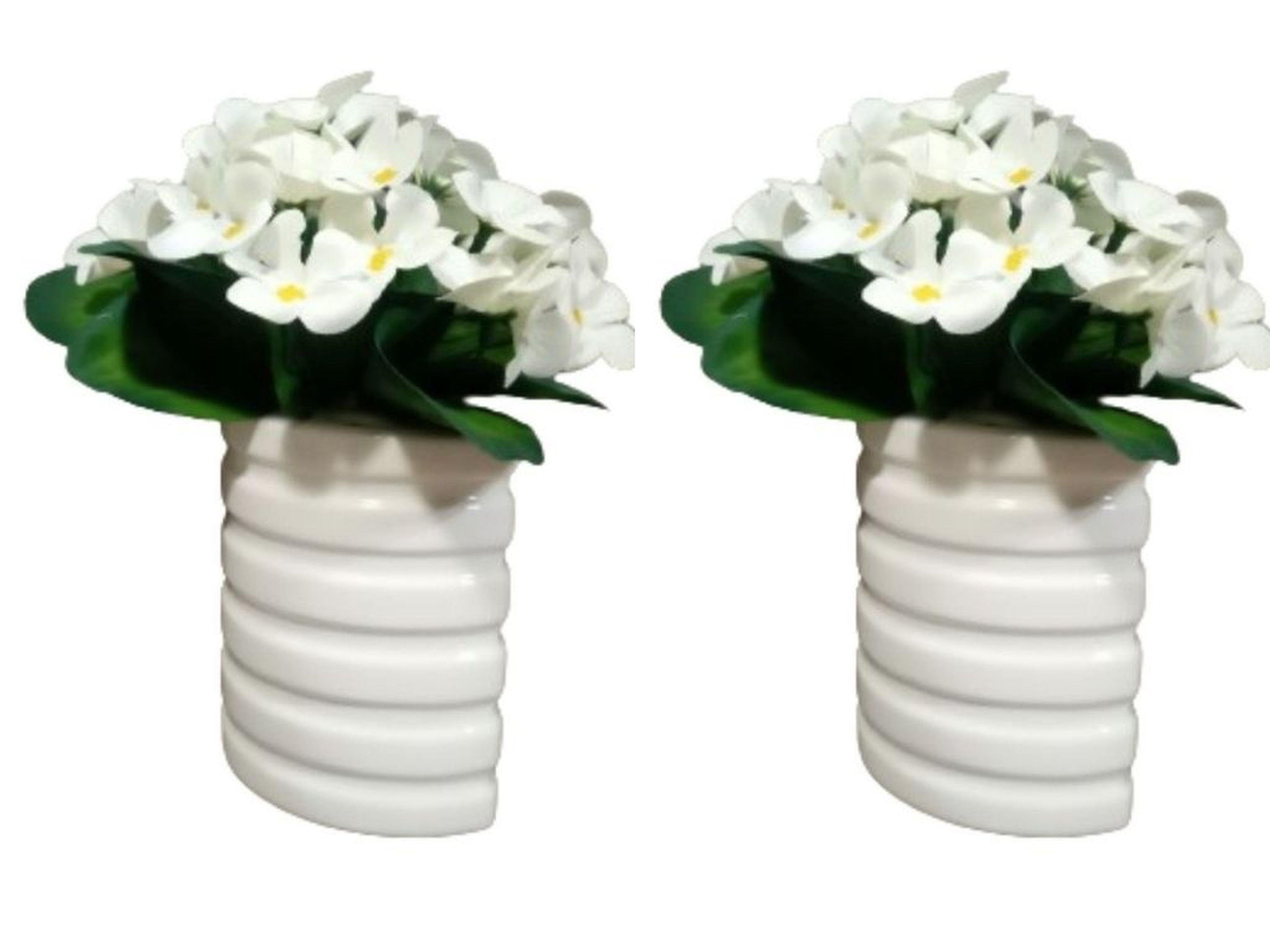 2 Adet Vazo Dahil,Vazoda Çiçek,Beyaz Yapay Çiçek,Vazo Dekoratif Oval Çizgili 9X6X16Cm 
